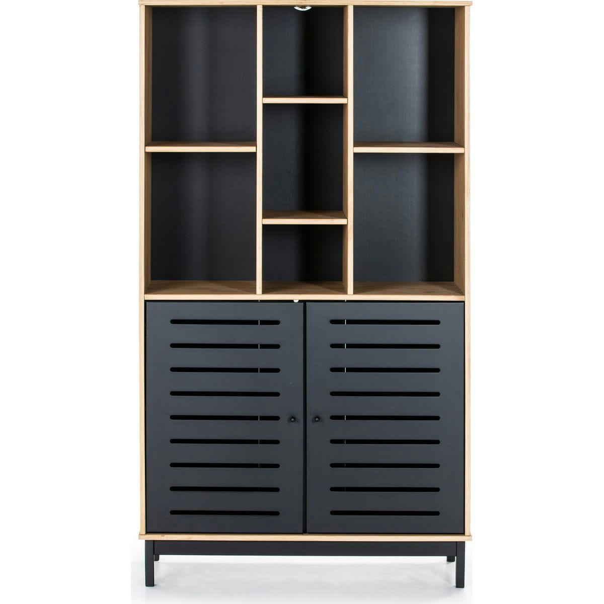 ROSA - Bibliothèque 2 portes 7 niches noir / effet bois 90 cm