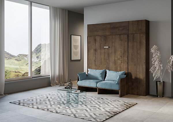 Lit double escamotable Kentaro 160 cm avec canapé et meubles en noyer, bleu clair