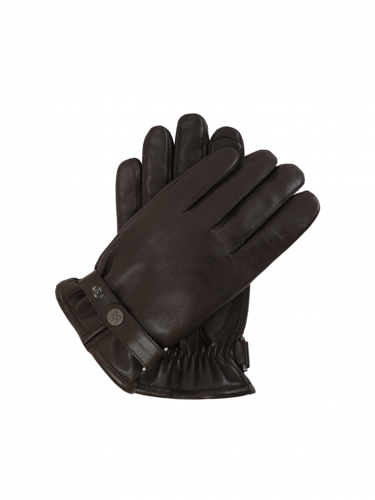 Brown leather men's gloves with adjustable strap