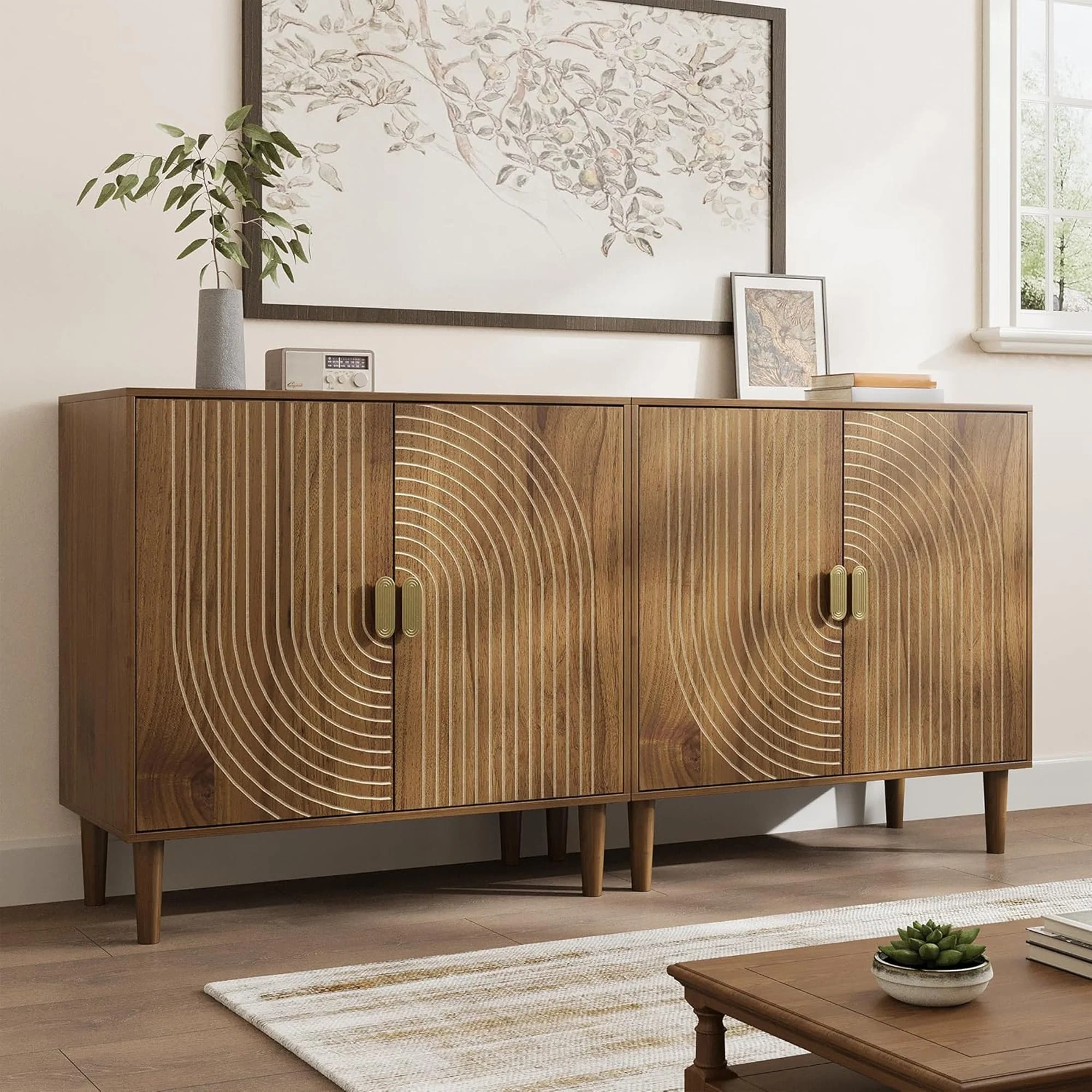 Accent Cabinet with Line Groove Design, Sideboard Buffet Cabinet with Adjustable Shelves, Decorative Storage Cabinets