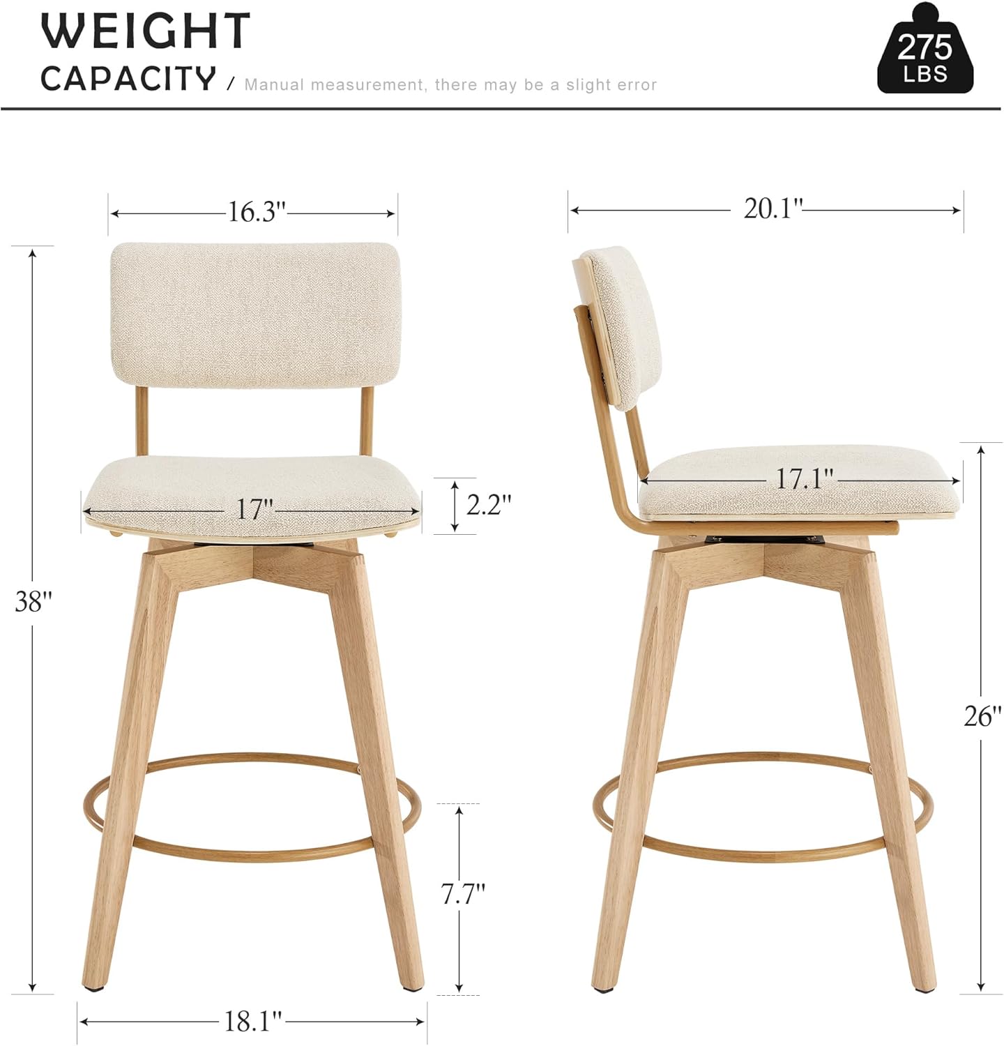 Swivel Counter Height Barstools, 26 Natural Wood Bar Stools Set of 2, Kitchen Counter Stools with Wooden Legs, Linen Fabric Island Chairs for Kitchen Island and Home Pub, Beige + Natural Finish