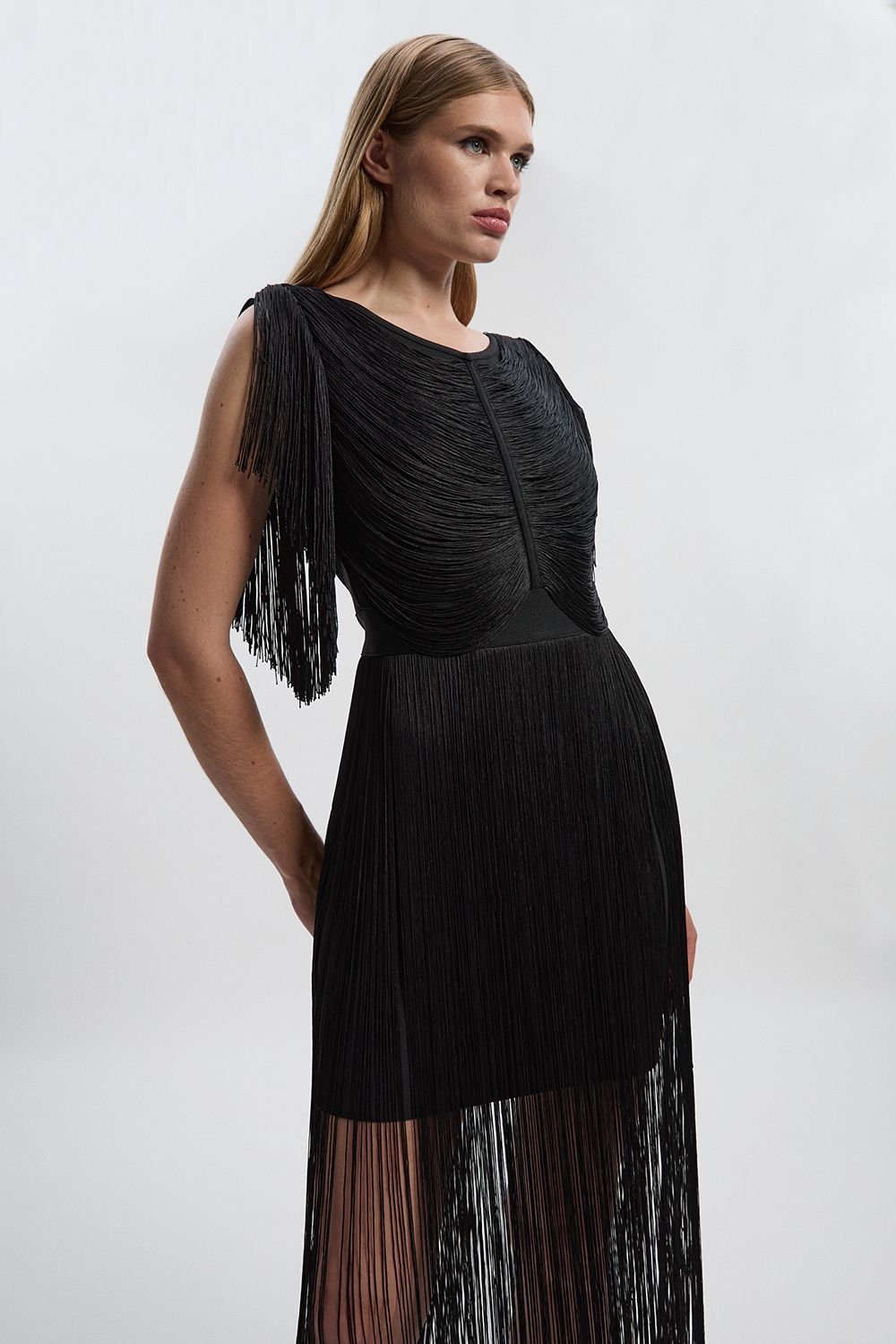 KarenMillen Maxi Draped Fringe Knitted Mini Dress