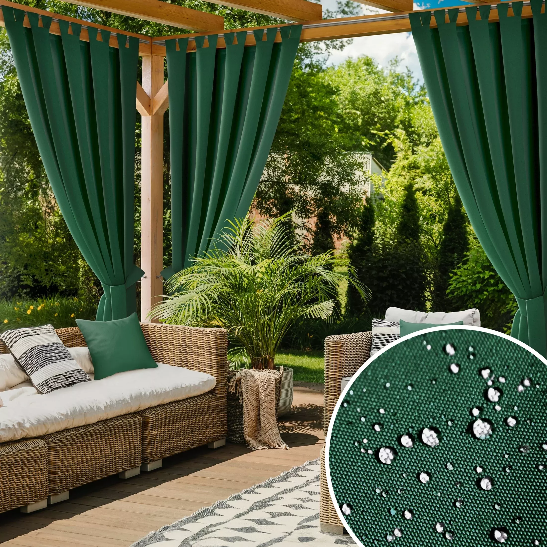 Zasłona ciemnozielona z wodoodpornej tkaniny idealna do ogrodu i na taras 155x240 cm szelki/rzep - GARDEN