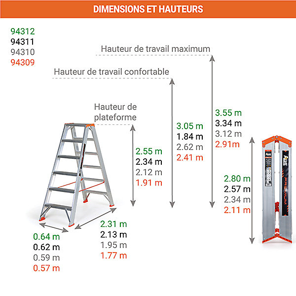 Escabeau double accès 2x9 marches - Hauteur max. de travail 3,41m - 94309