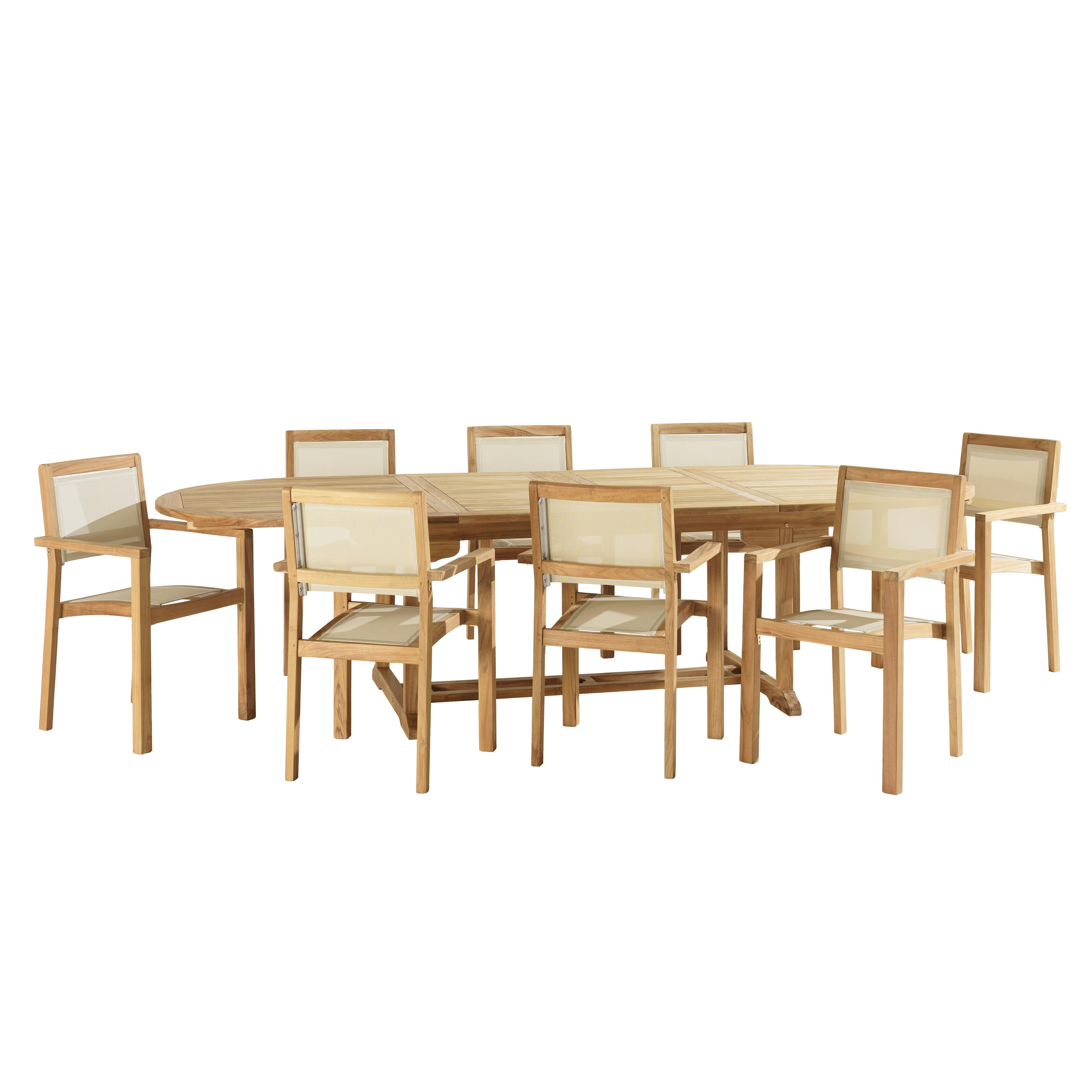 Ensemble de repas extérieur, table en teck extensible 8 fauteuils ALERIA