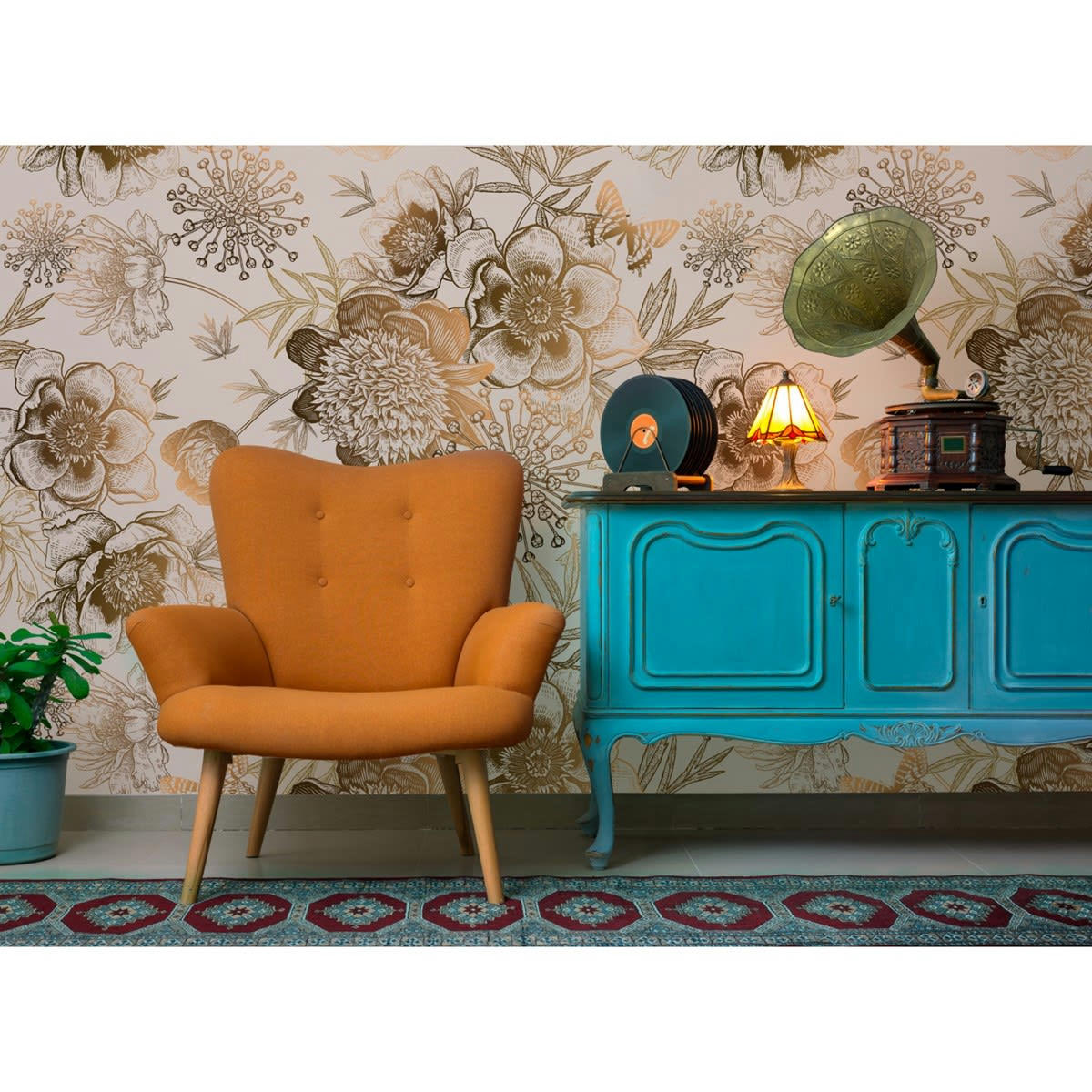 MADELEINE - Papier peint panoramique motif floral Beige sable 336x280cm