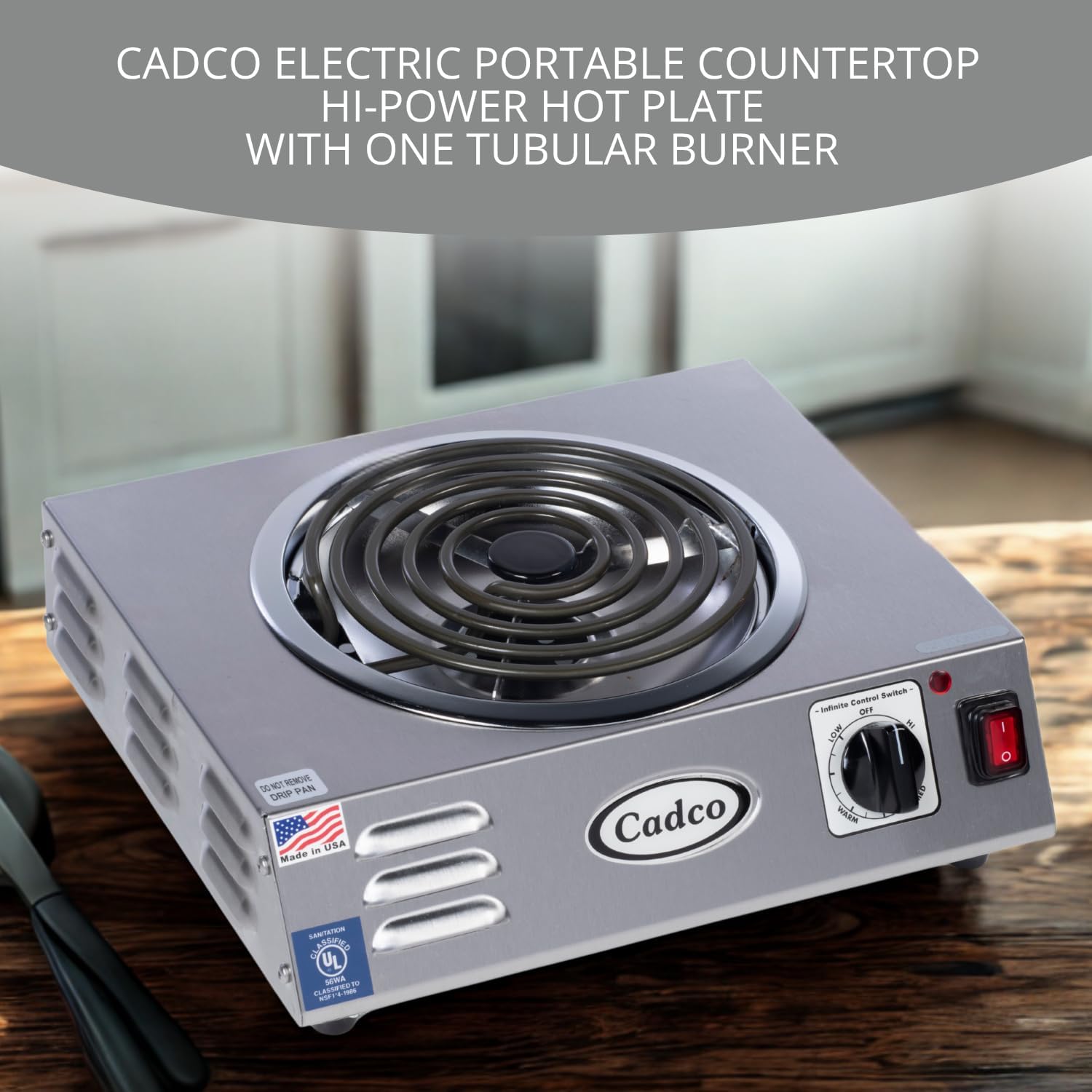 Cadco CSR-3T 14 Electric Portable Countertop Hi-Power Hot Plate w/One Tubular Burner for Restaurant Hotel Food Truck Concession Kiosk, Stainless Steel, 120v
