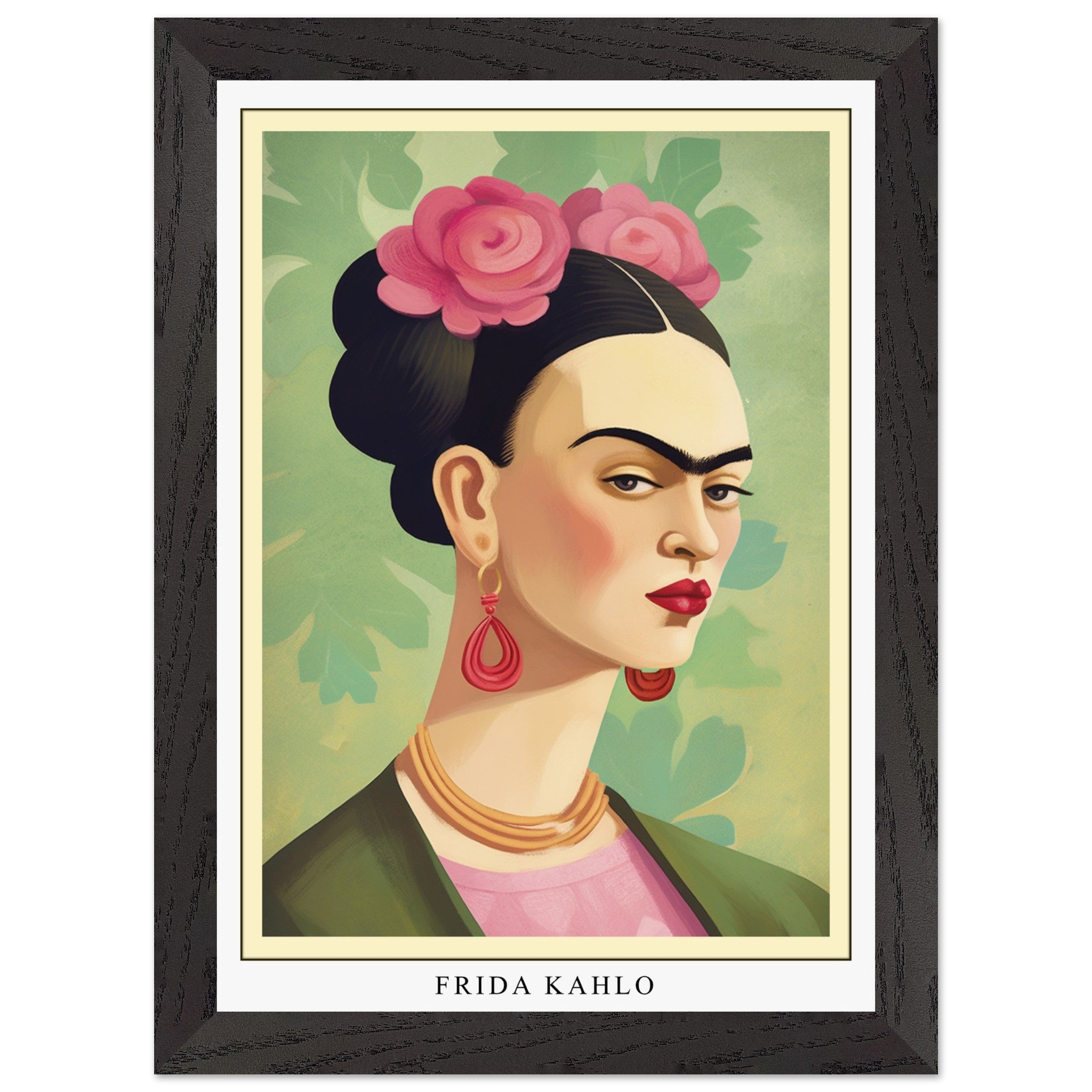 Artfulprints Poster met Lijst Frida Kahlo - Floral icon portrait  - A4 21x29.7 cm - Groen