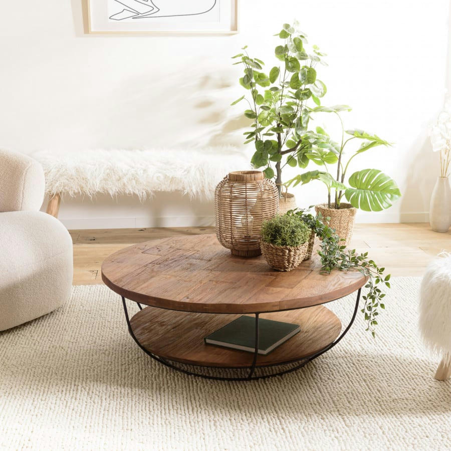 ALIDA - Table basse coque 2 plateaux en teck recyclé métal noir D100