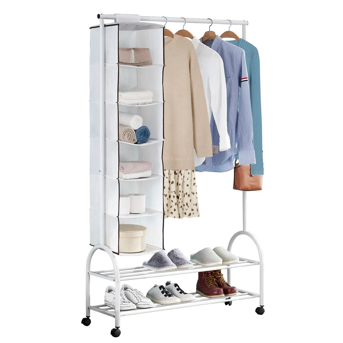 Metal Coat Rack with Wheels and Shoe Shelves and Hanging Storage Bag, White