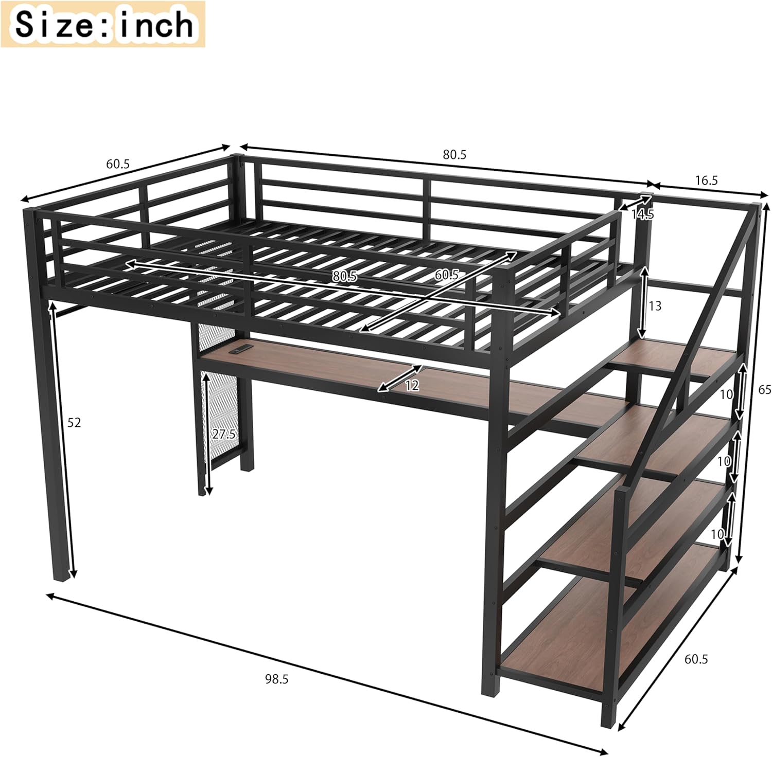Bellemave Metal Queen Size Loft Bed with Desk and Storage Stairs,Heavy Duty Loft Bed Frame Queen Size with LED Lights and Charging Station for Kids,Teens,Adults,Black