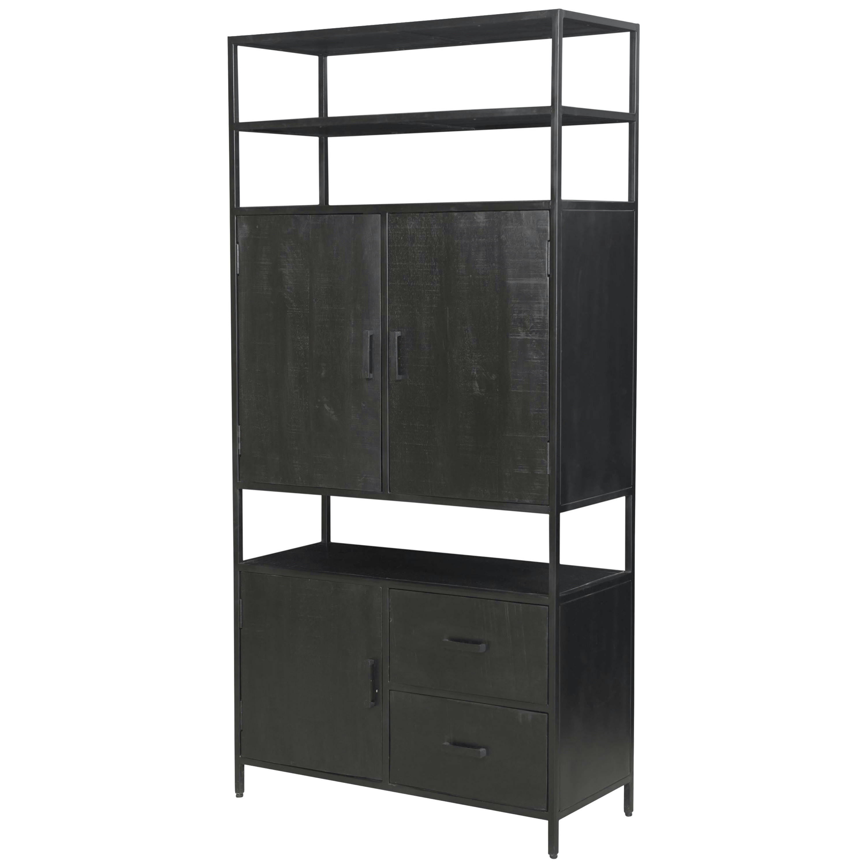 UZES - UZES-Buffet haut 3 portes 2 tiroirs, Manguier massif noir et métal