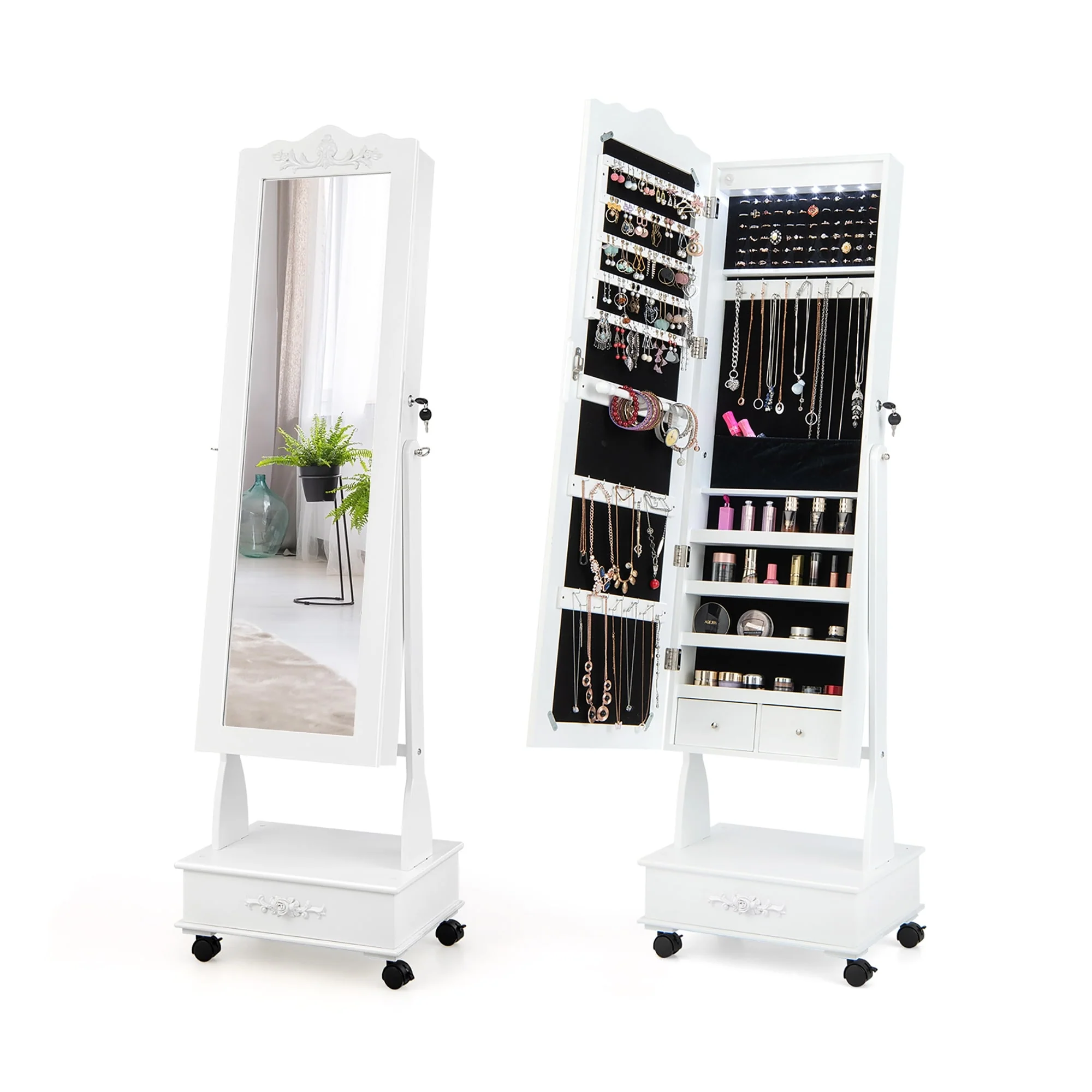 6 LED Floor Standing Jewelry Armoire Lockable Jewelry Organizer