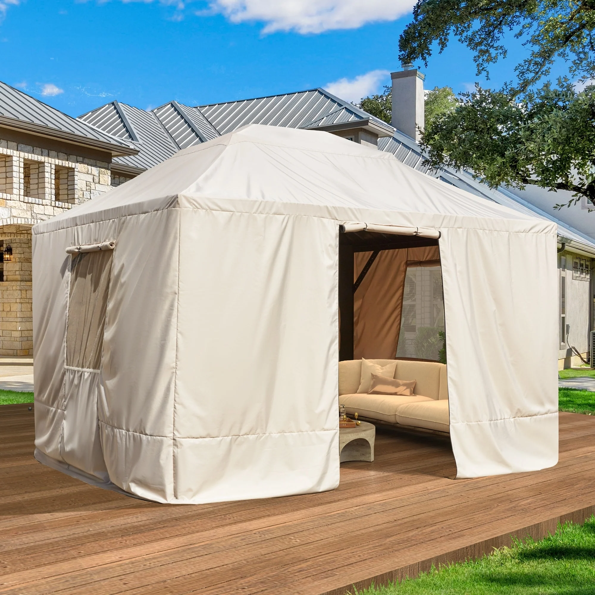 EROMMY Winter Gazebo Cover, Outdoor Cover for Hardtop Gazebos, Enclosed Cover with Sidewalls and Mesh Windows