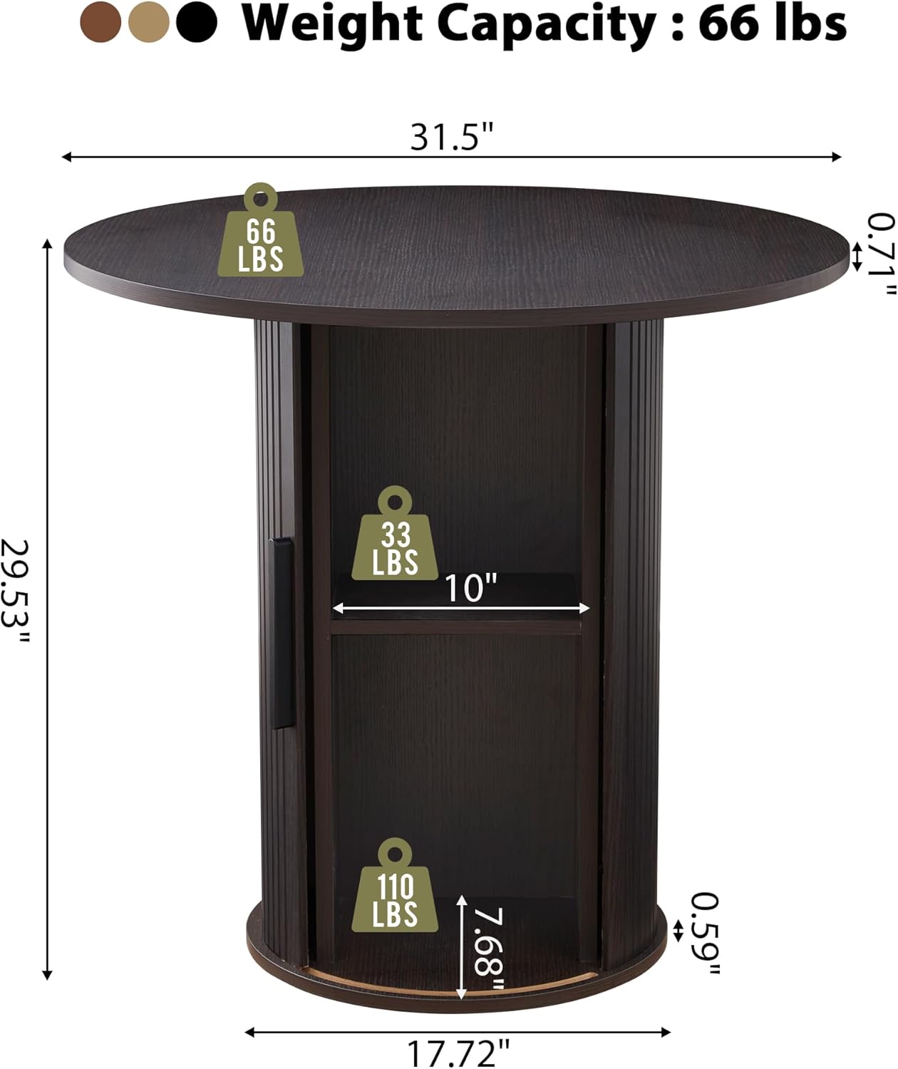 31.5 Round Dining Table for 2-4, Modern Kitchen Table with 2-Tier Storage Shelf, Small Wooden Circle Dining Tables with Fluted Base for Home Dining Room Living Room (Blackened Brown)
