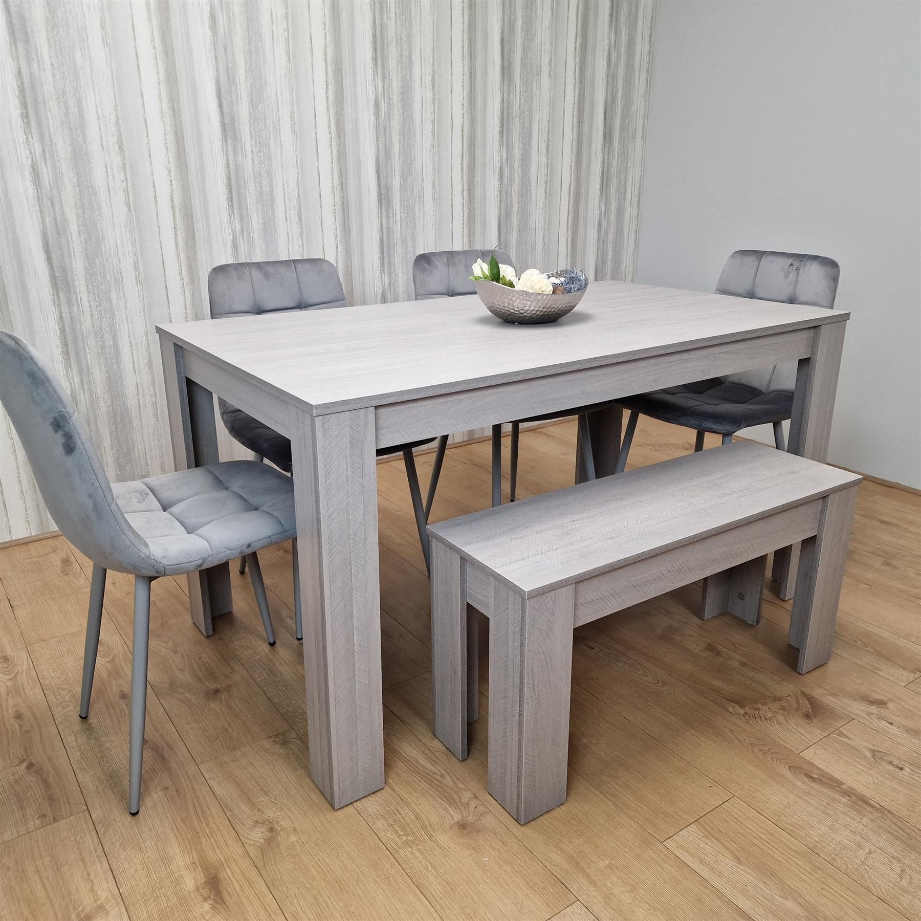 KOSY KOALA Dining Table and 4 Chairs With Bench Grey 4 Grey Velvet Chairs Wood Dining Set Furniture