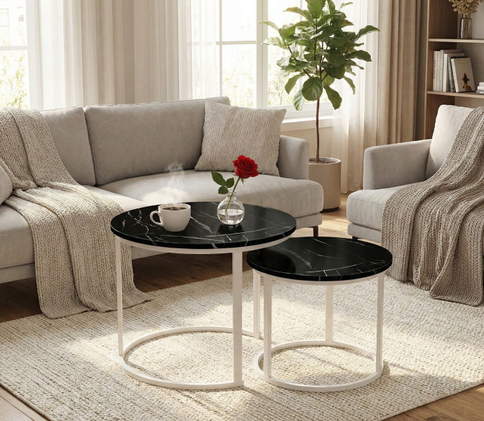 Stoliki Kawowe Okrągłe 53×45cm 43×35 Zestaw Stolików Wzór Czarny Marmur 2w1