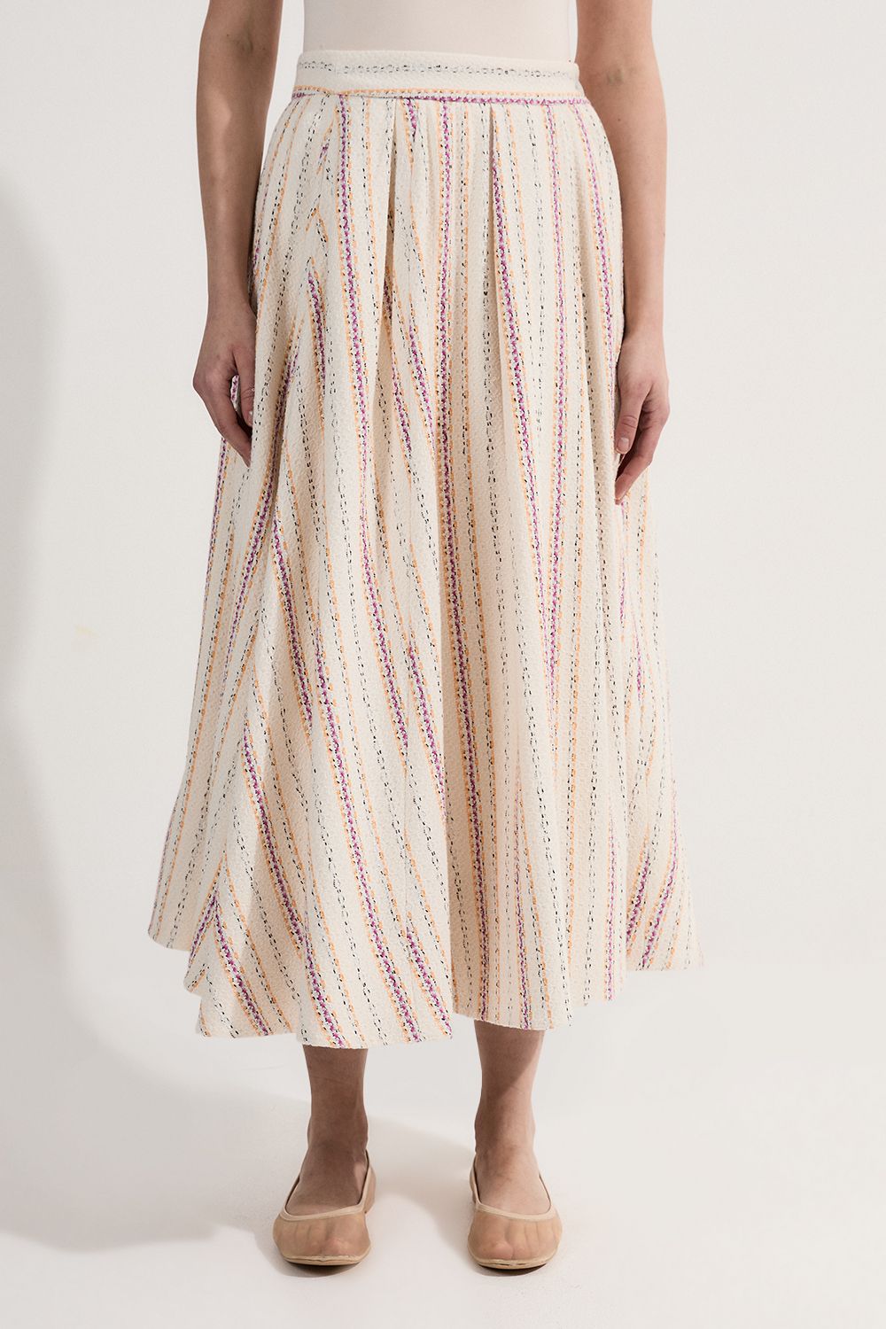 KarenMillen Premium Woven Stripe Tailored Pleated Midi Skirt