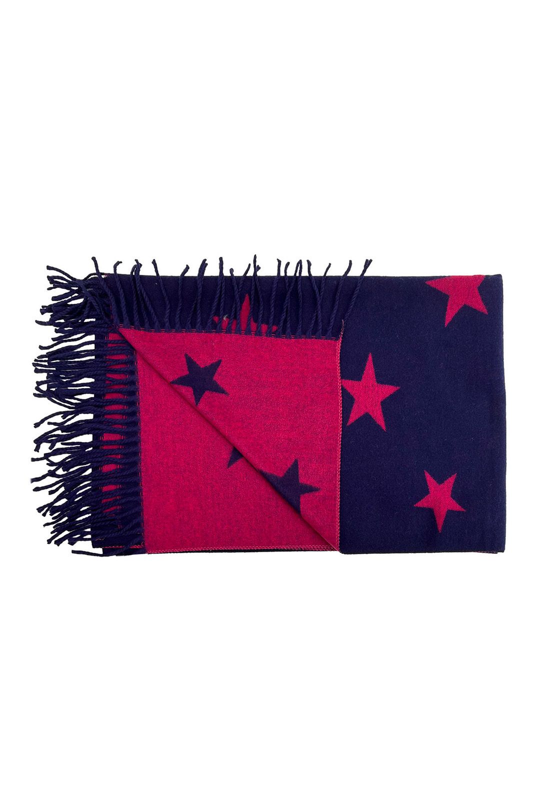 Vellin Reversible Wool-Blend Scarf – Star Print with Tassel Trim 【Navy】