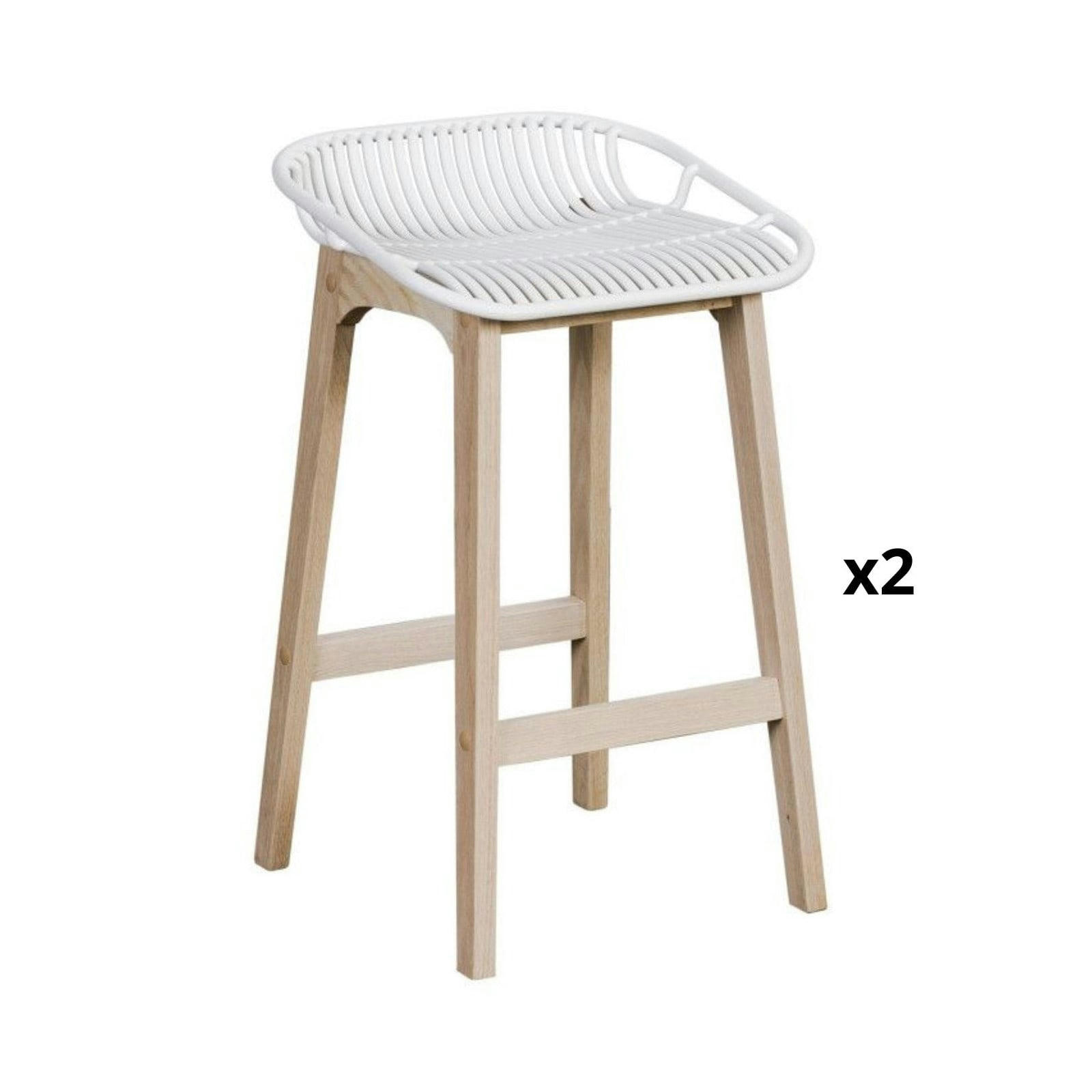 MALMO - Tabourets d'ilot 65 cm  pieds chêne assise plastique blanche -Lot de 2