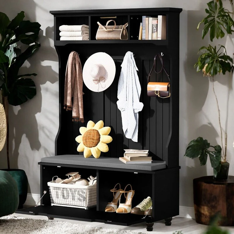 4-in-1 Entryway Bench with Coat Rack and 4-Sturdy Hooks, Black