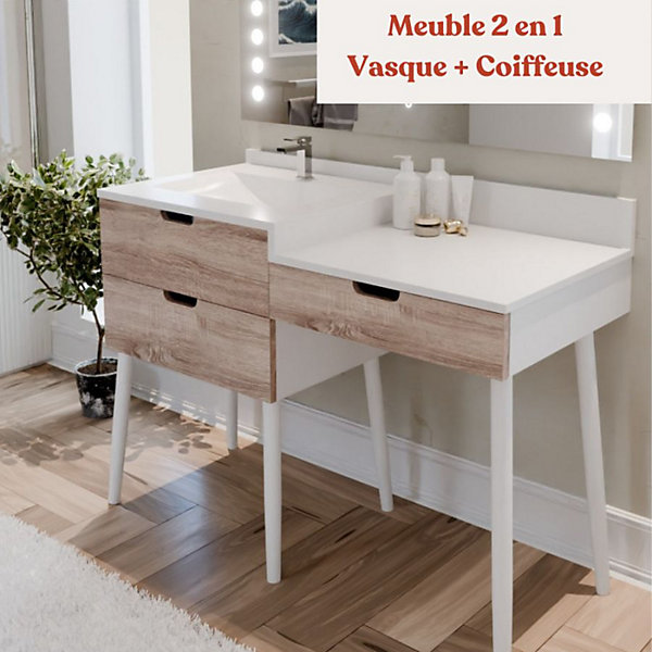 Meuble vasque avec coiffeuse 120 cm bois et blanc ALYA