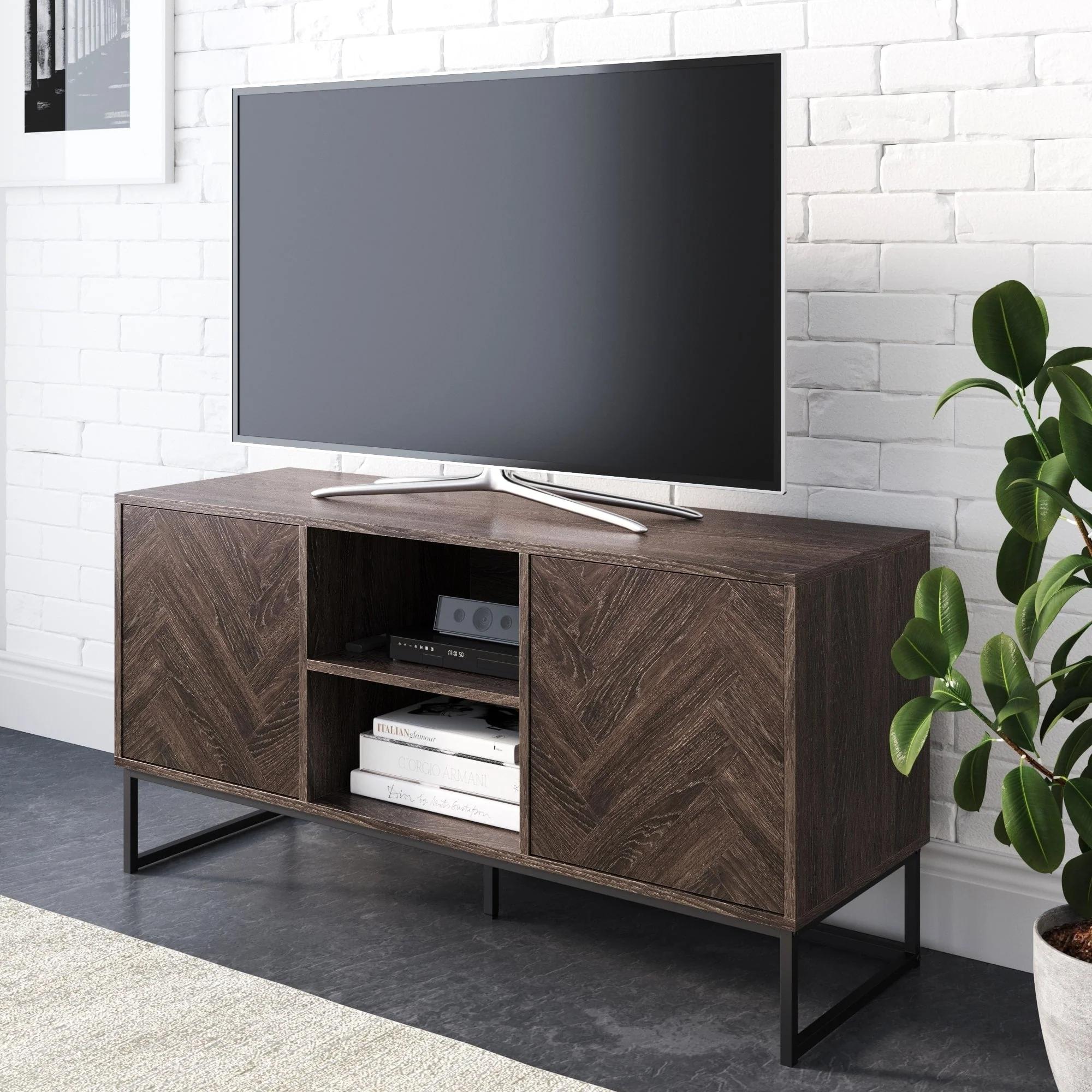 Nathan James Dylan Media Console Cabinet TV Stand with Hidden Storage Herringbone Pattern Wood Metal - 47 inches in width
