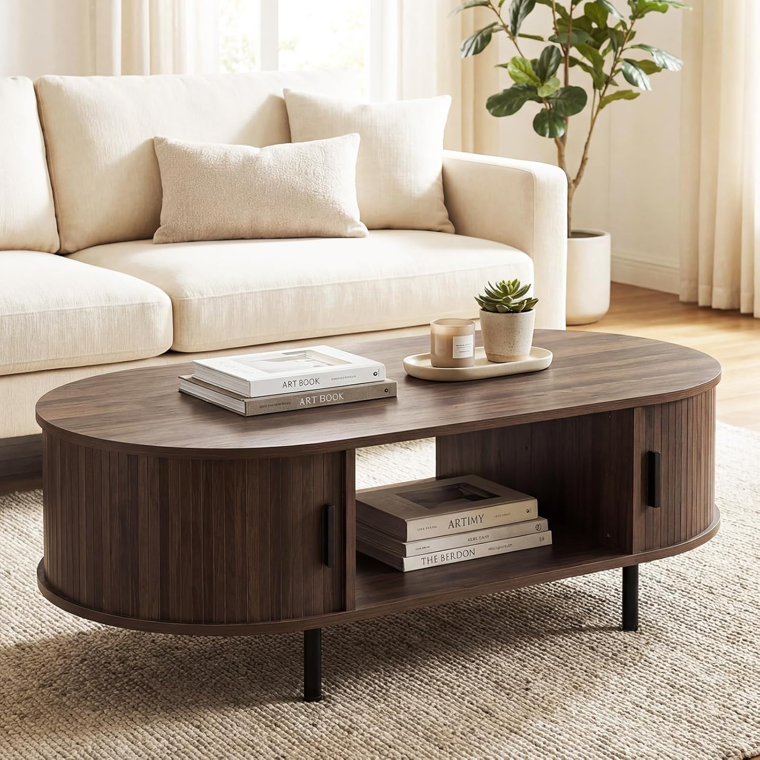 Giantex Oval Coffee Table, 47.5 Mid Century Modern Center Table with Sliding Tambour Doors, Hidden Storage & Open Compartment, Fluted Wood Living Room Tables for Small Space (Walnut)