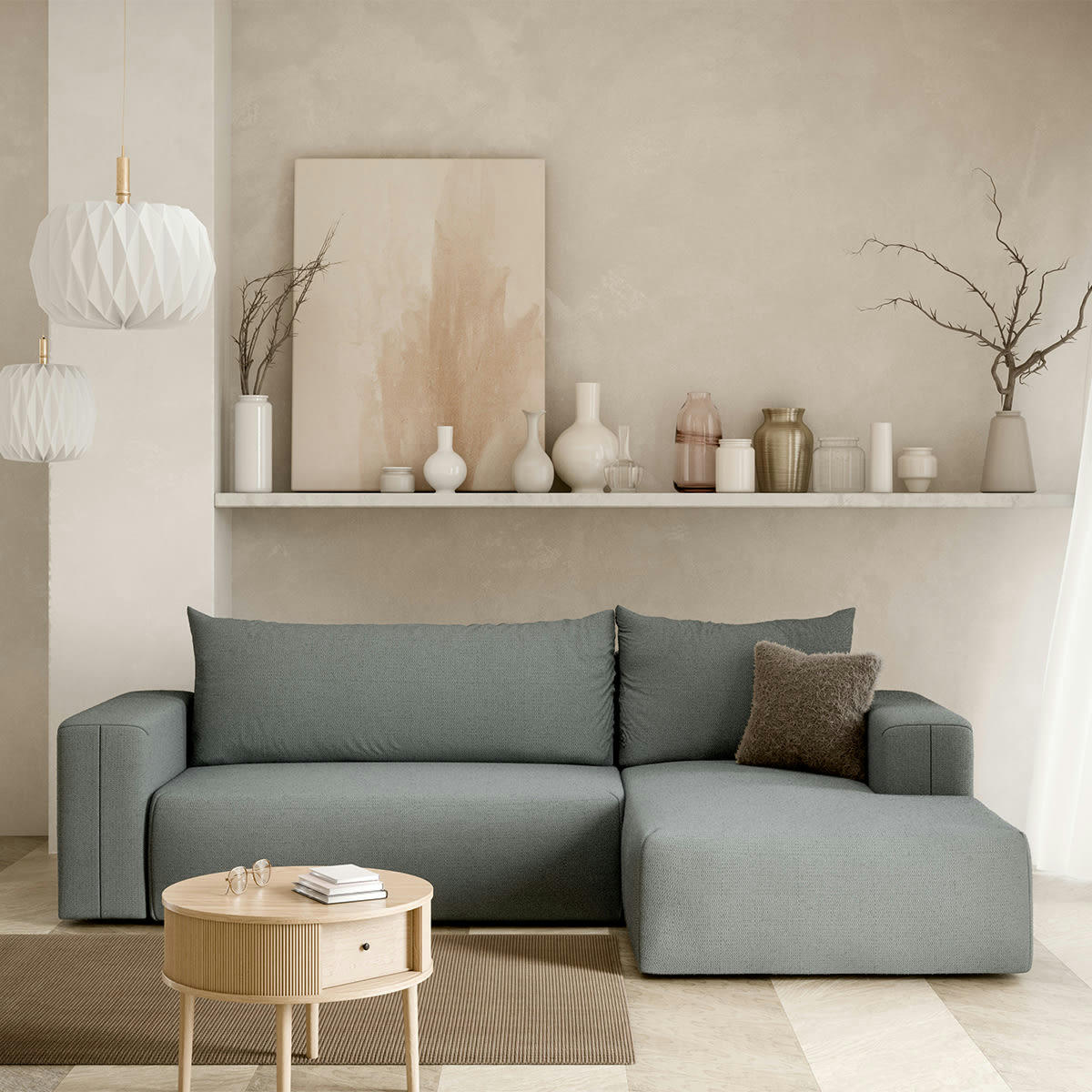 - Canapé d'angle convertible droite 3 places coffre gris