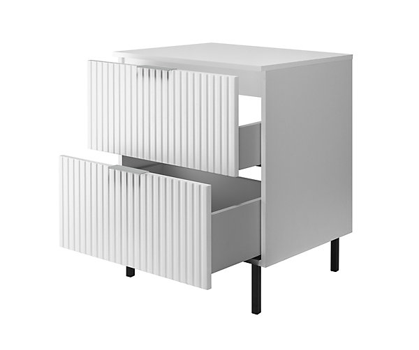 Meuble vasque, blanc, 60 x 77 x 46 cm, poignée argentée, pieds noirs   plan de travail