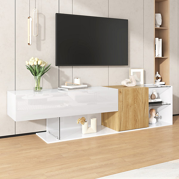 Meuble TV 180 Cm Blanc Brillant Et Bois - étagères En Verre - Design Minimaliste Et Qualité
