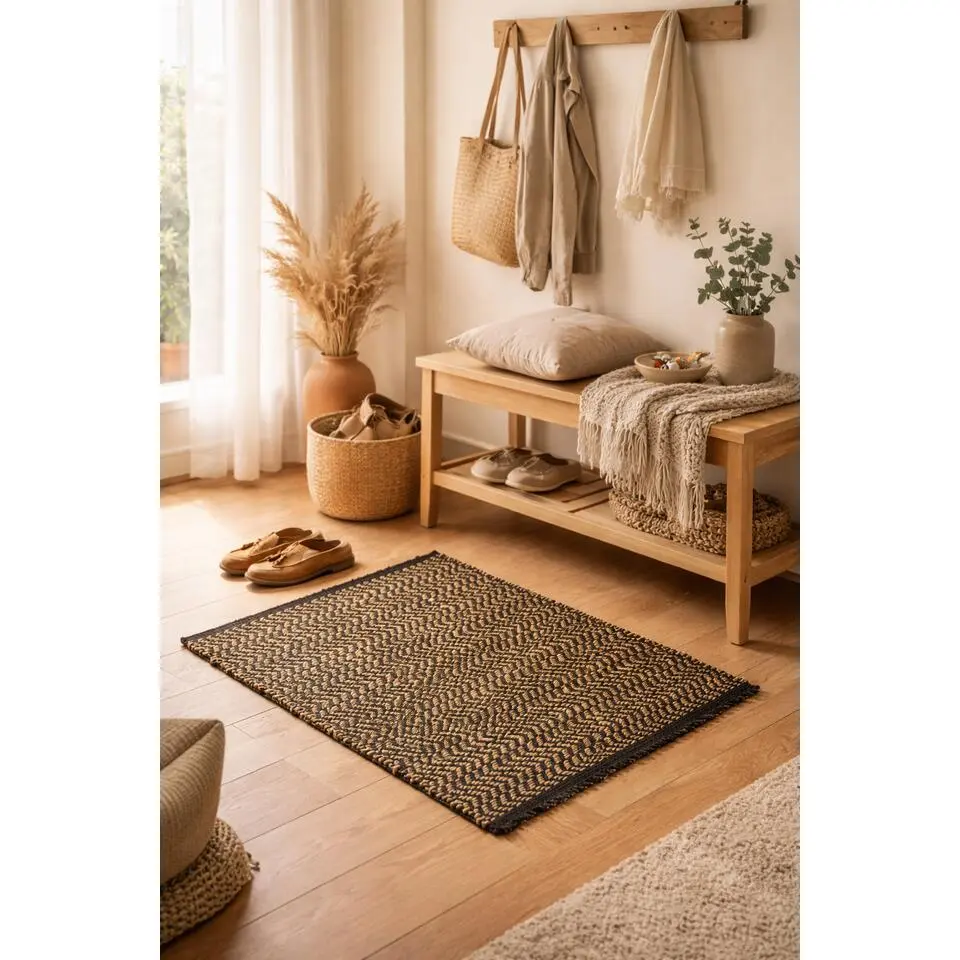 Rechthoekig katoenen tapijt met beige en zwarte motieven 90 x 60 cm