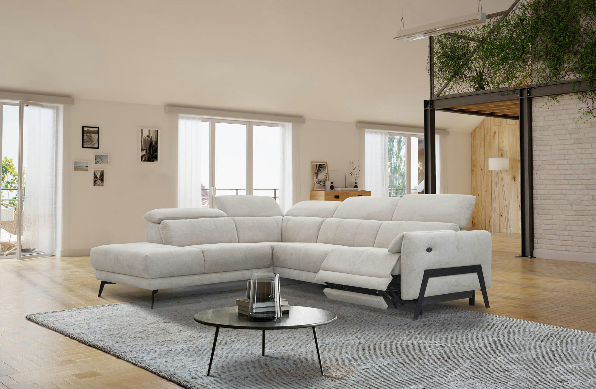 SCALA - Canapé d'angle gauche 5 places avec une relax électrique, Tissu Beige