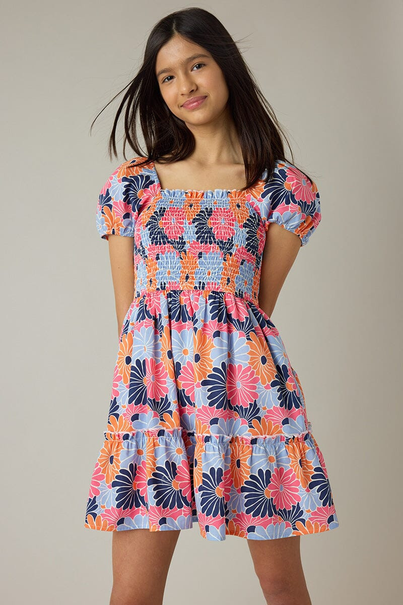 Hello Franki Short Sleeve Smocked Tiered Dress for girls Multi