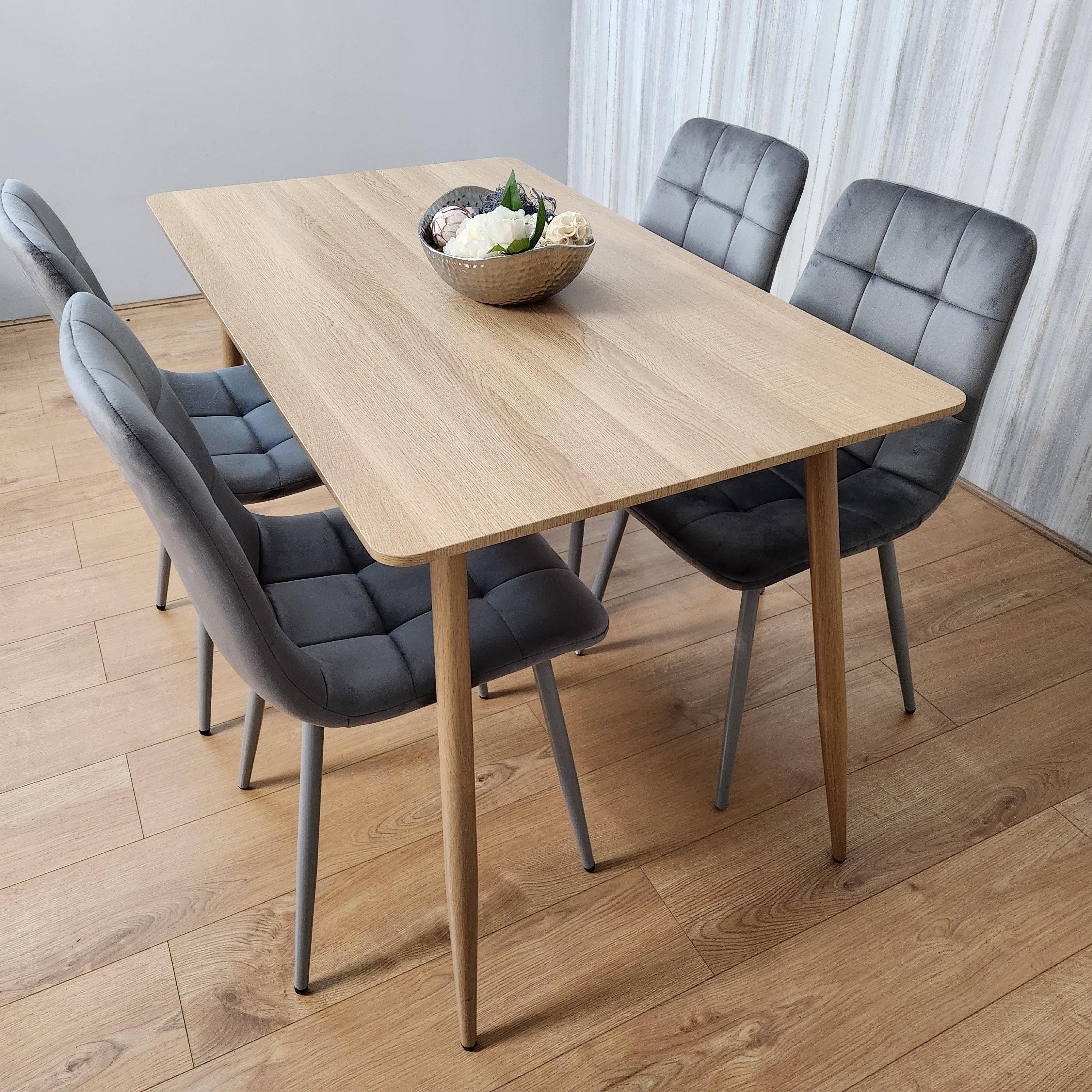 KOSY KOALA Rectangle Oak Effect Kitchen Dining Table With 4 Grey Velvet Tufted Chairs Dining Set