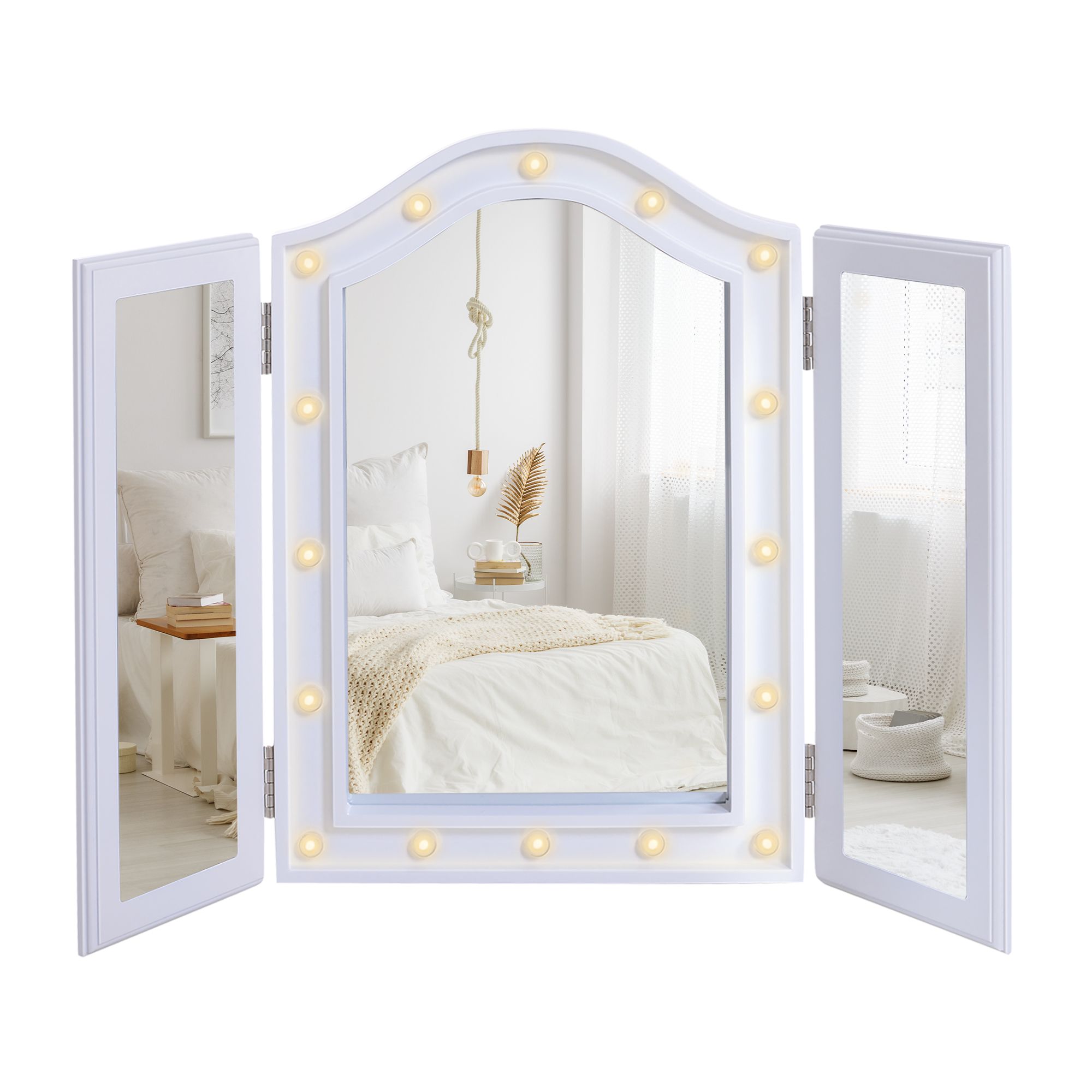 HOMCOM Lighted Tri Fold Vanity Mirror Makeup Tabletop LED Lights for Bedroom