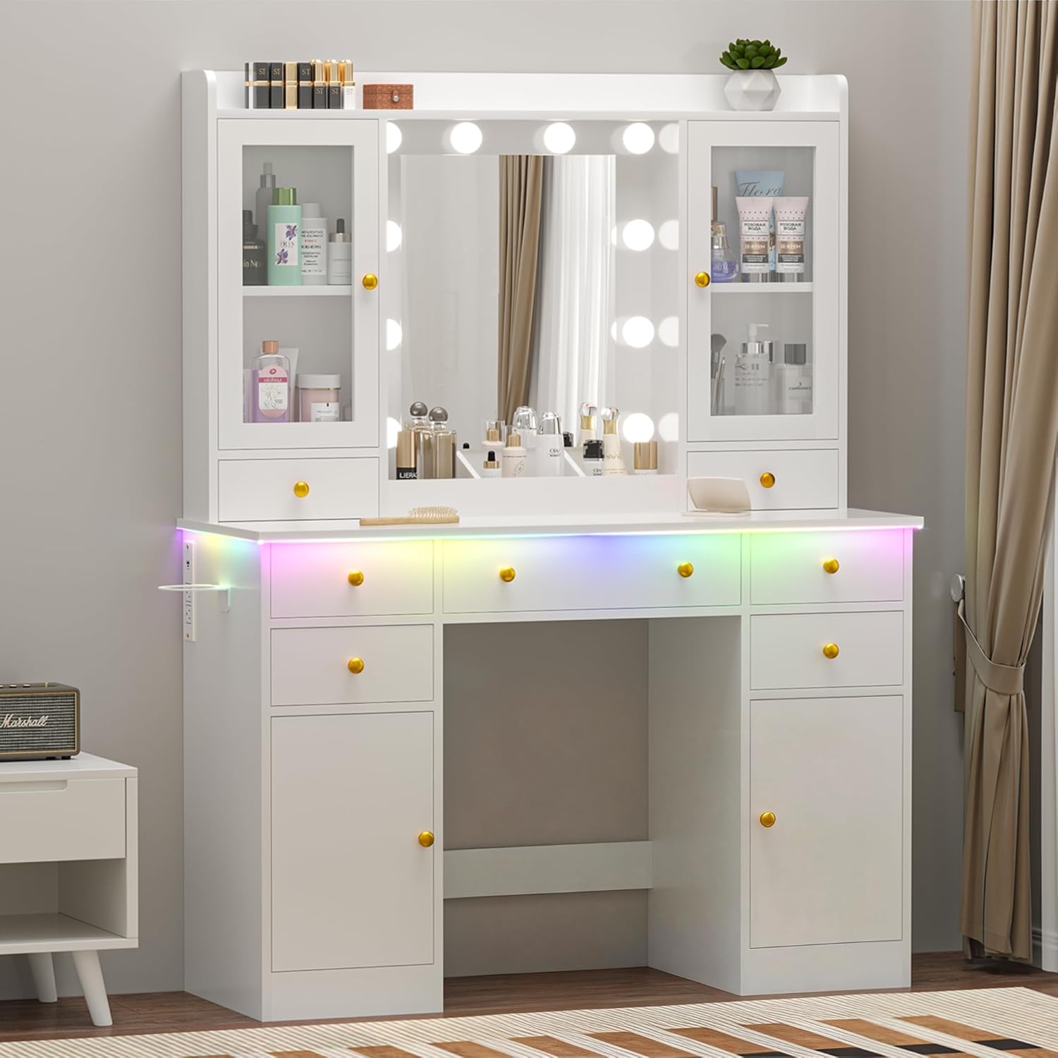 Vanity Desk with Mirror and Lights, 43 White Makeup Vanity Set with 5 Drawers & Glass Cabinets, Makeup Tray, Power Outlet & Adjustable LED Lights, Dressing Table for Women & Girls Bedroom