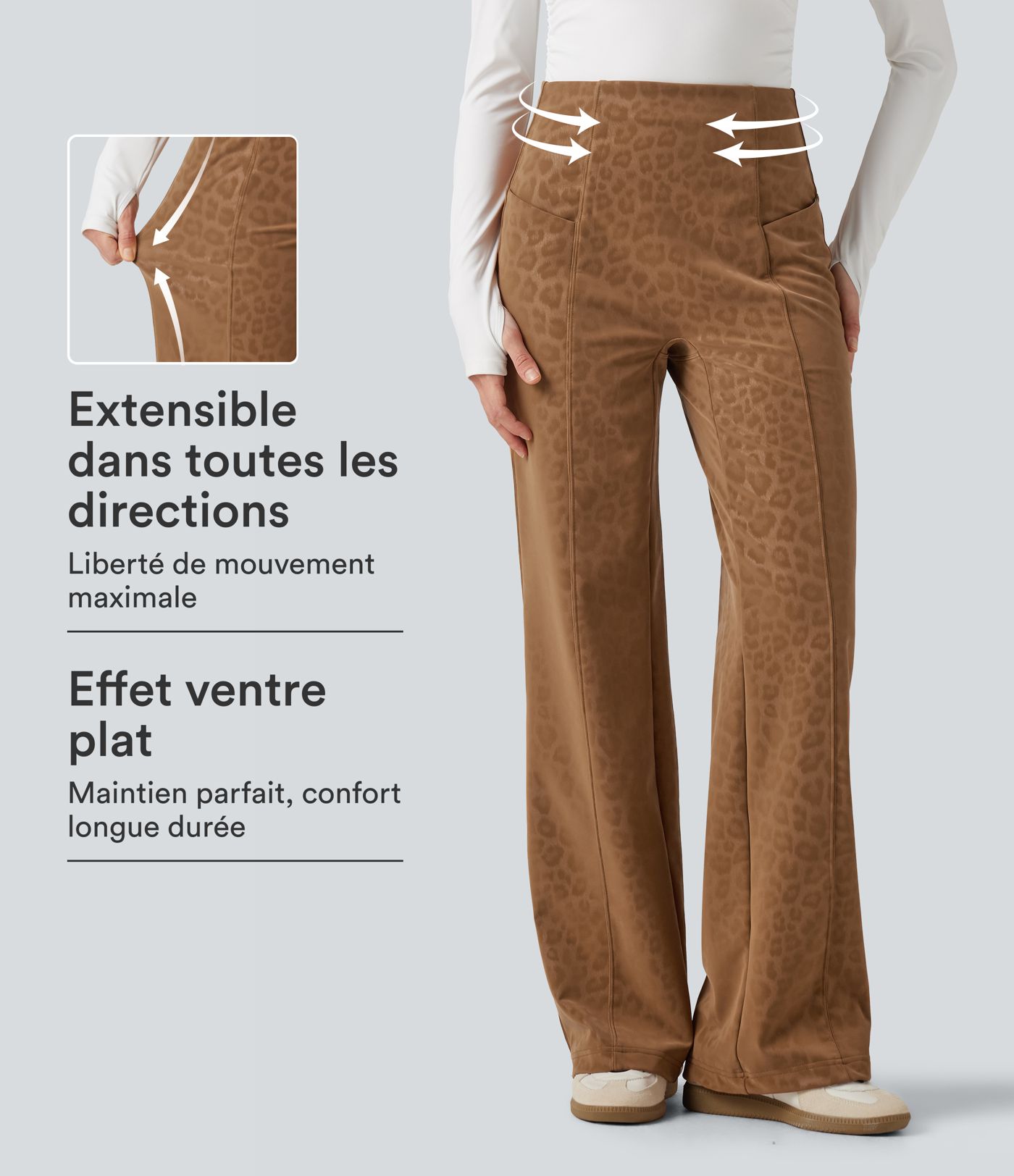 Pantalon flare gainant taille haute en simili stretch doublé polaire imprimé léopard avec poches