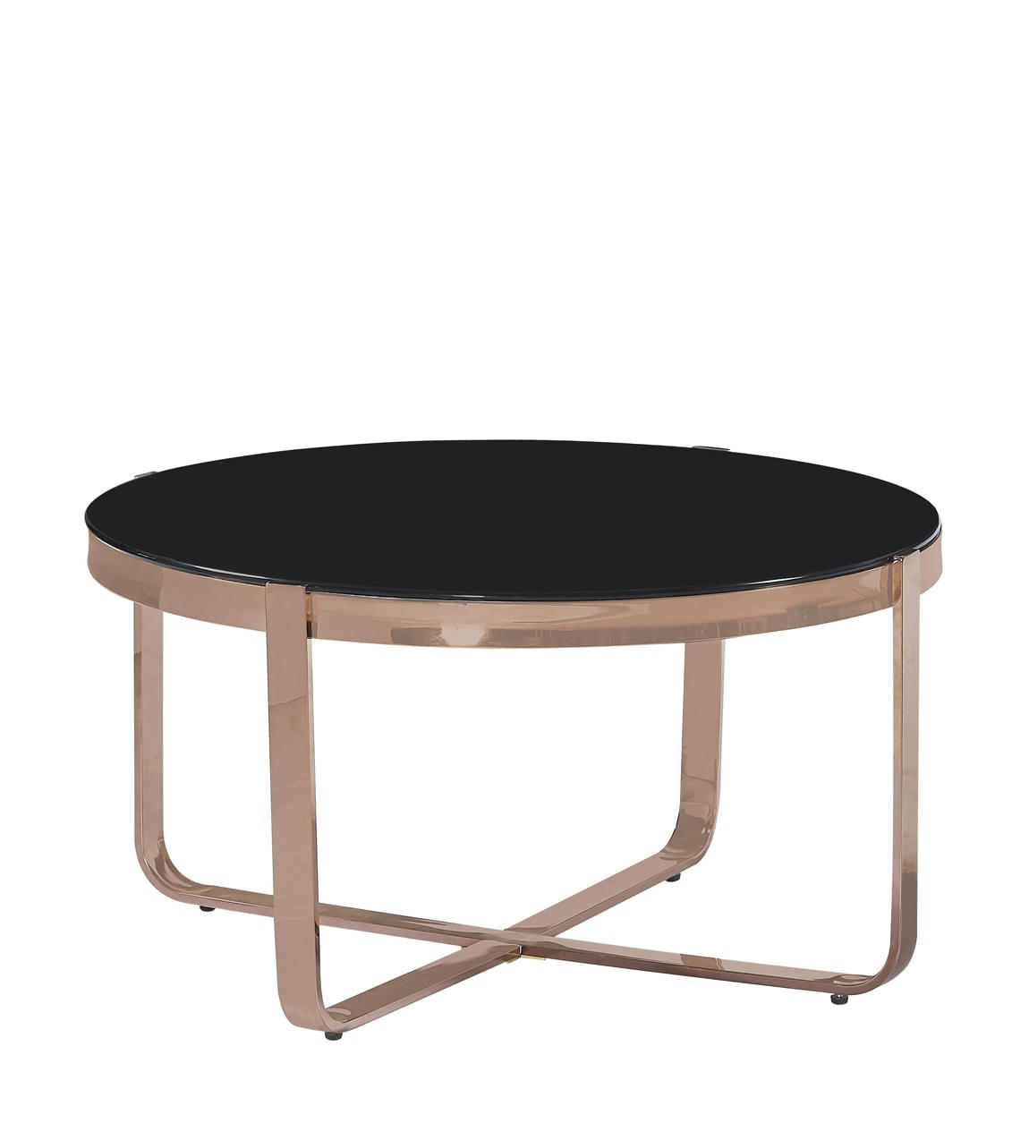 BERLIN - Table basse ronde en acier inoxydable rose dorée et verre noir L 80 cm