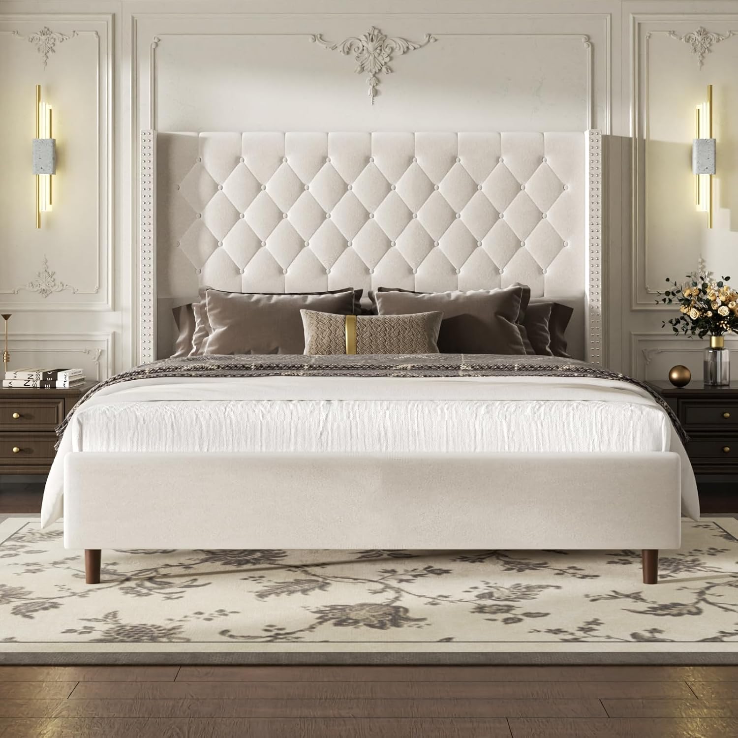King Size Bed Frame, Upholstered Platform Bed with 62 Tall Wingback Headboard, Velvet Modern Luxury Design, No Box Spring Needed, Easy Assembly, Noise Free, Beige