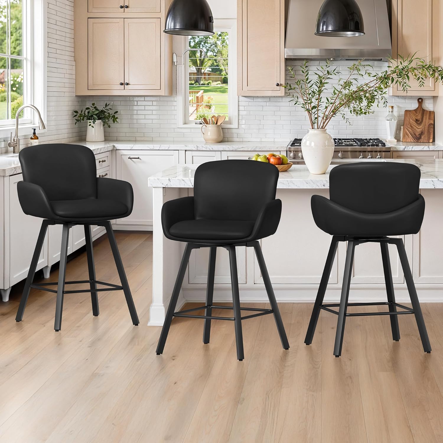 LUE BONA 26 Swivel Bar Stools Set of 3, Counter Height Bar Stools with Backrest and Arms, Modern Upholstered Barstools with Metal Legs for Kitchen Island, Black