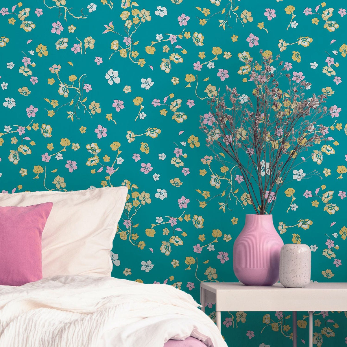 Livingwalls behang bloemmotief turquoise, geel, roze, groen en wit - 53 cm x 10.05 m - AS-389072