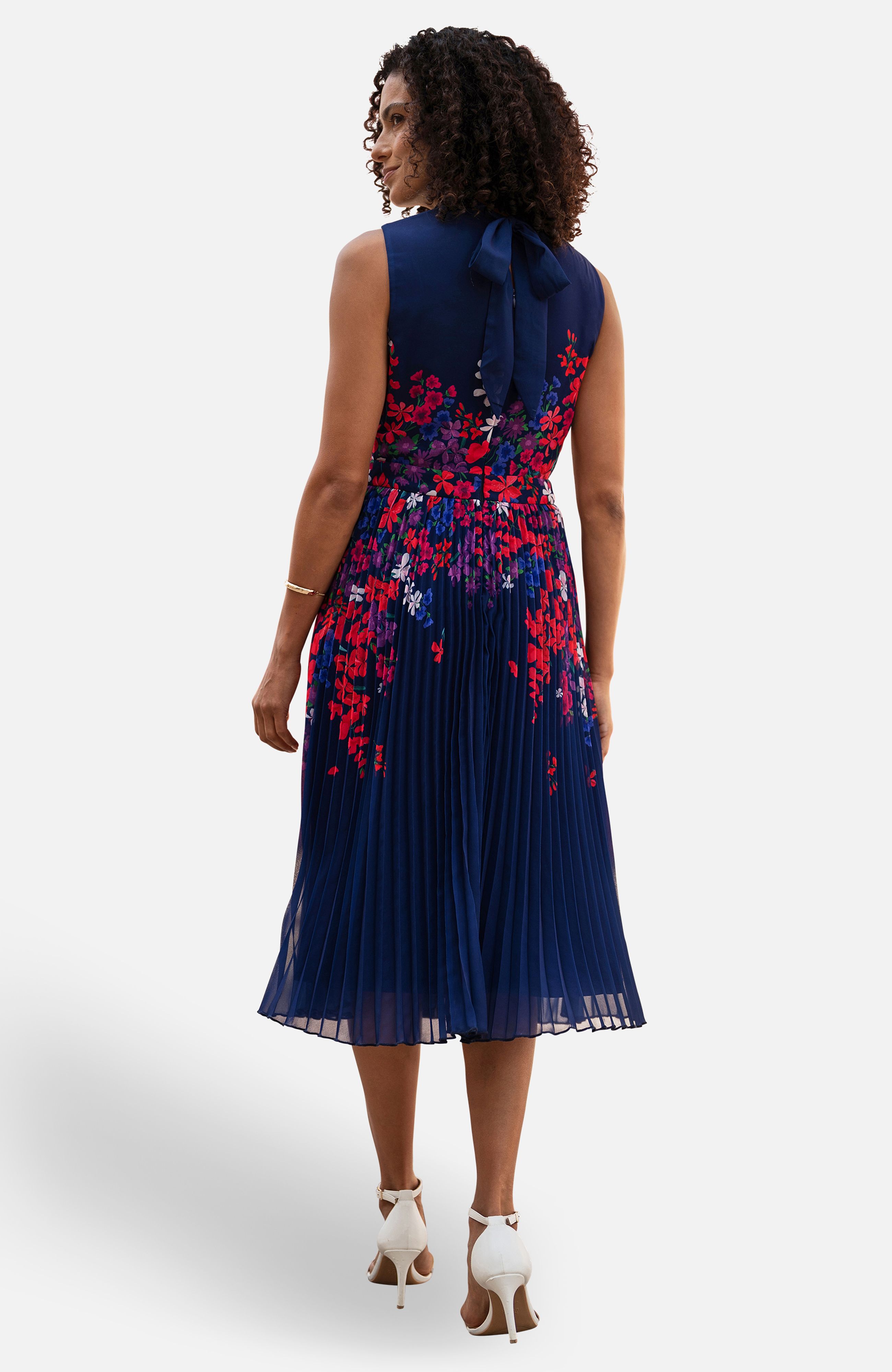 Yumi Navy Border Floral Print Midi Dress With Pleats
