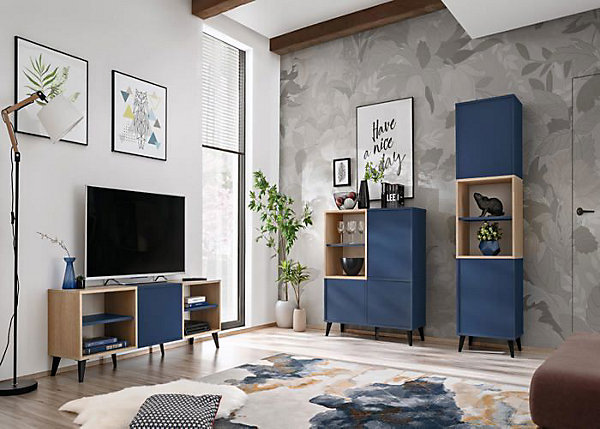 komodee, Ensembles de Meubles TV Fondi, 3 armoires, bleu, bois clair, 173 x 35x 272 cm, style scandinave, pour salon, bureau