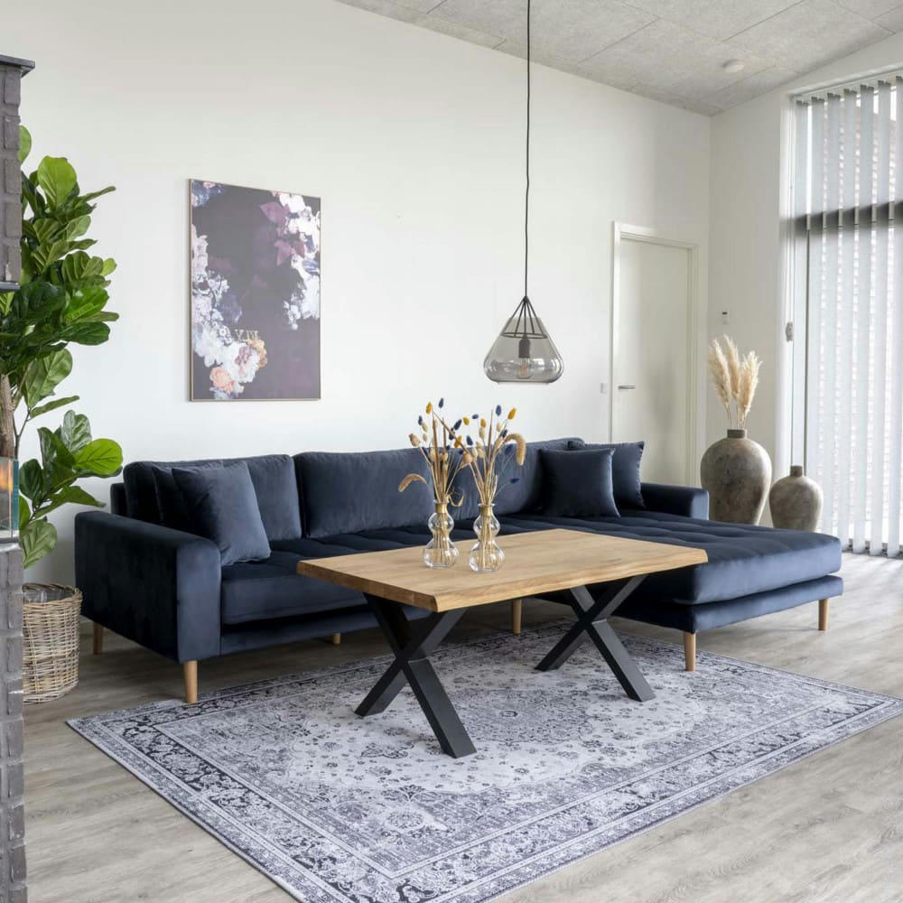 LIDO - Canapé d'angle droit 4 places en velours bleu foncé