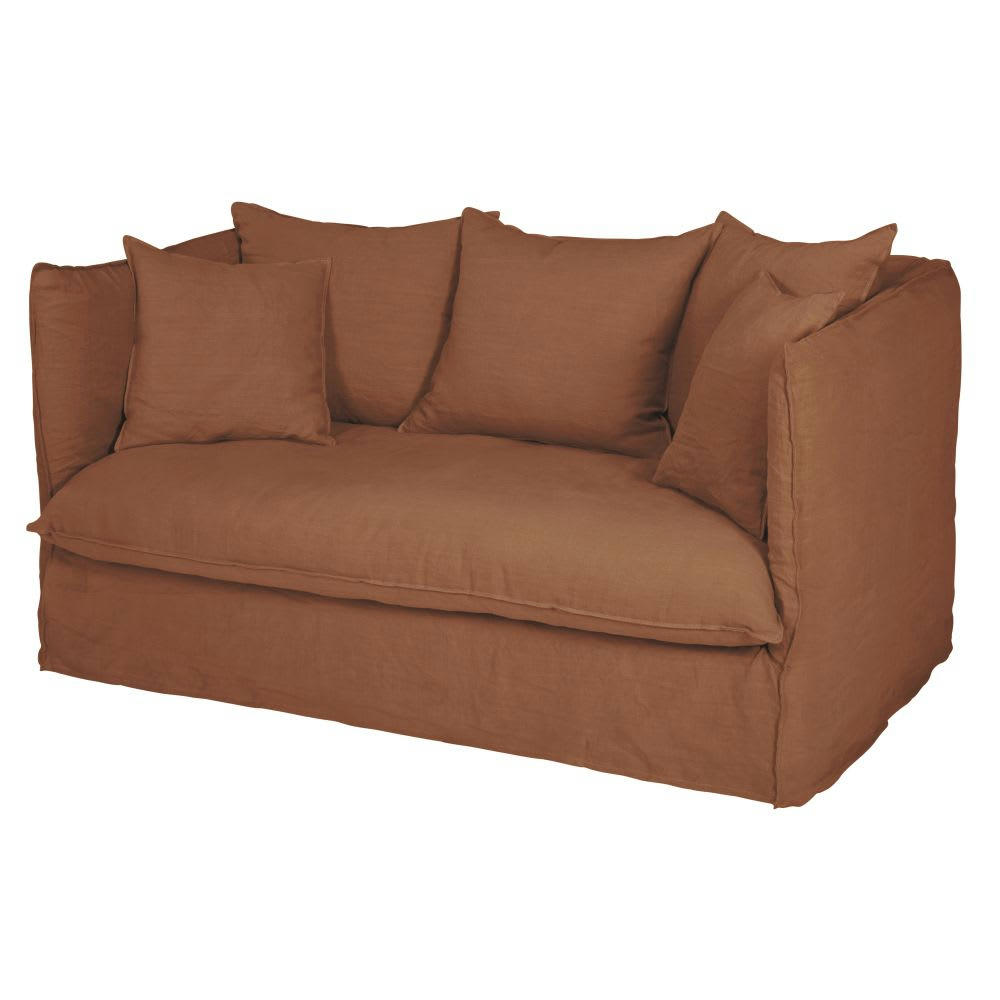 Louvain - Housse de canapé-lit 2 places en lin froissé orange de Sienne