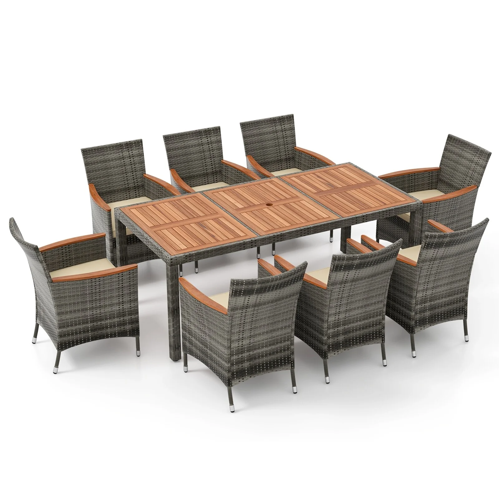 Costway 9 PCS Outdoor Wicker Dining Set with Acacia Wood Table and 8 - See Details