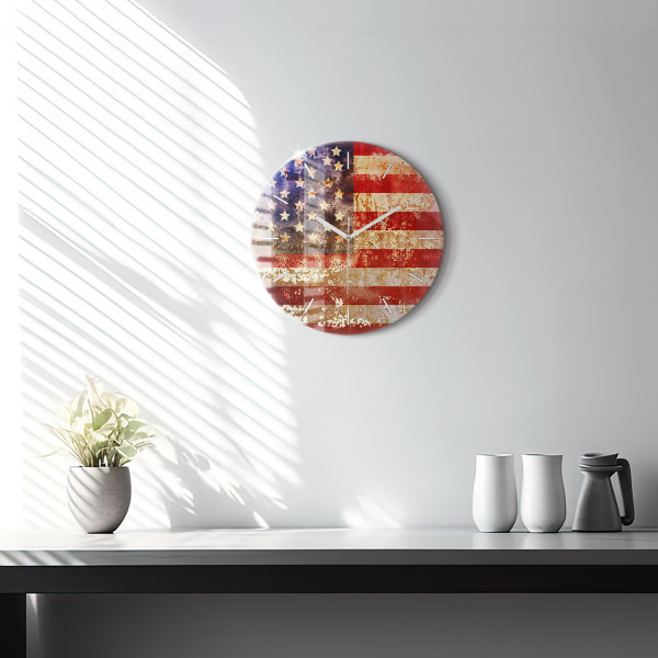 Nowoczesny szklany zegar ścienny Flaga USA w stylu vintage