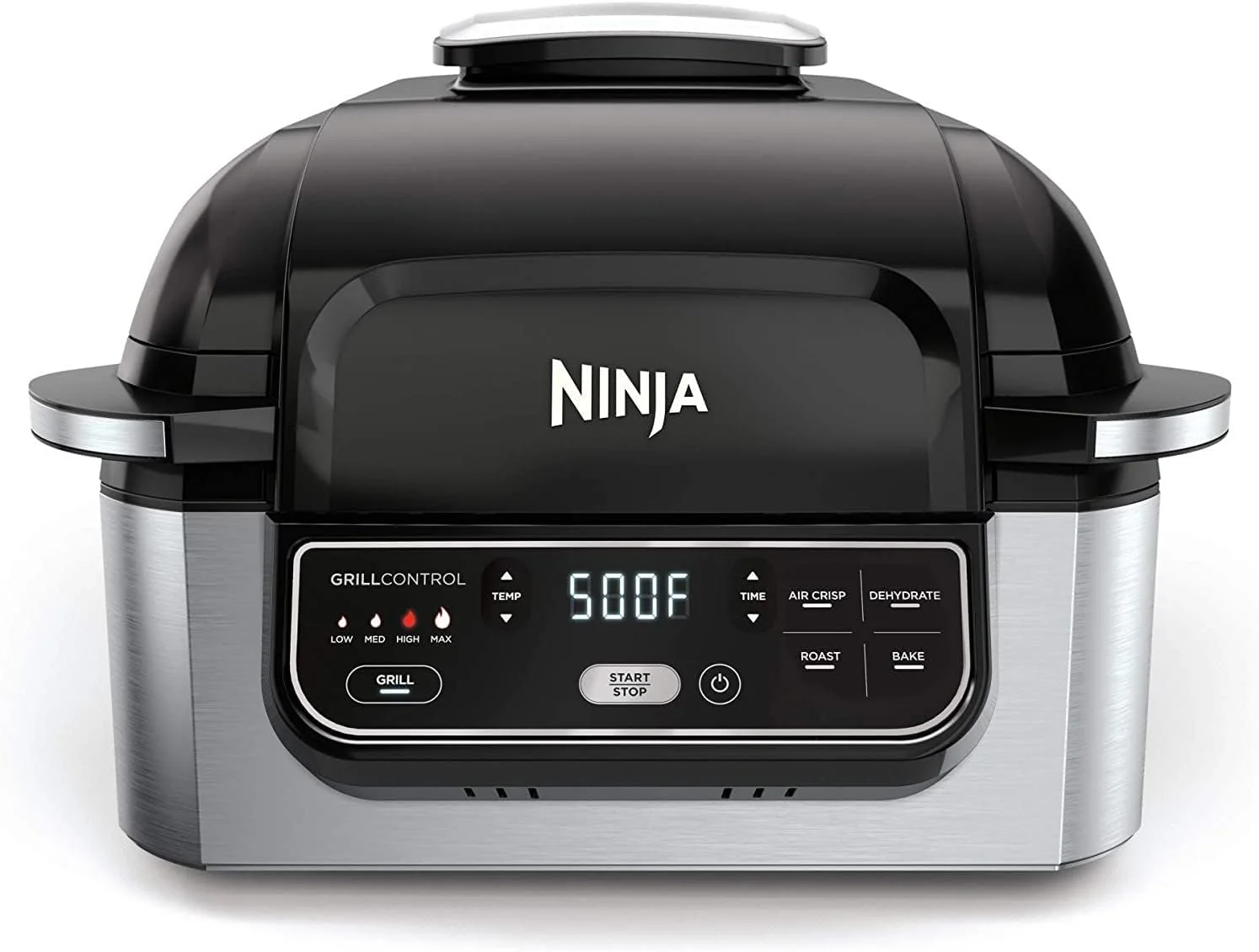 5-in-1 Indoor Electric Grill with Air Fry, Roast, Bake  Dehydrate - Programmable, Black/Silver(Black/Silver/4-Quart)