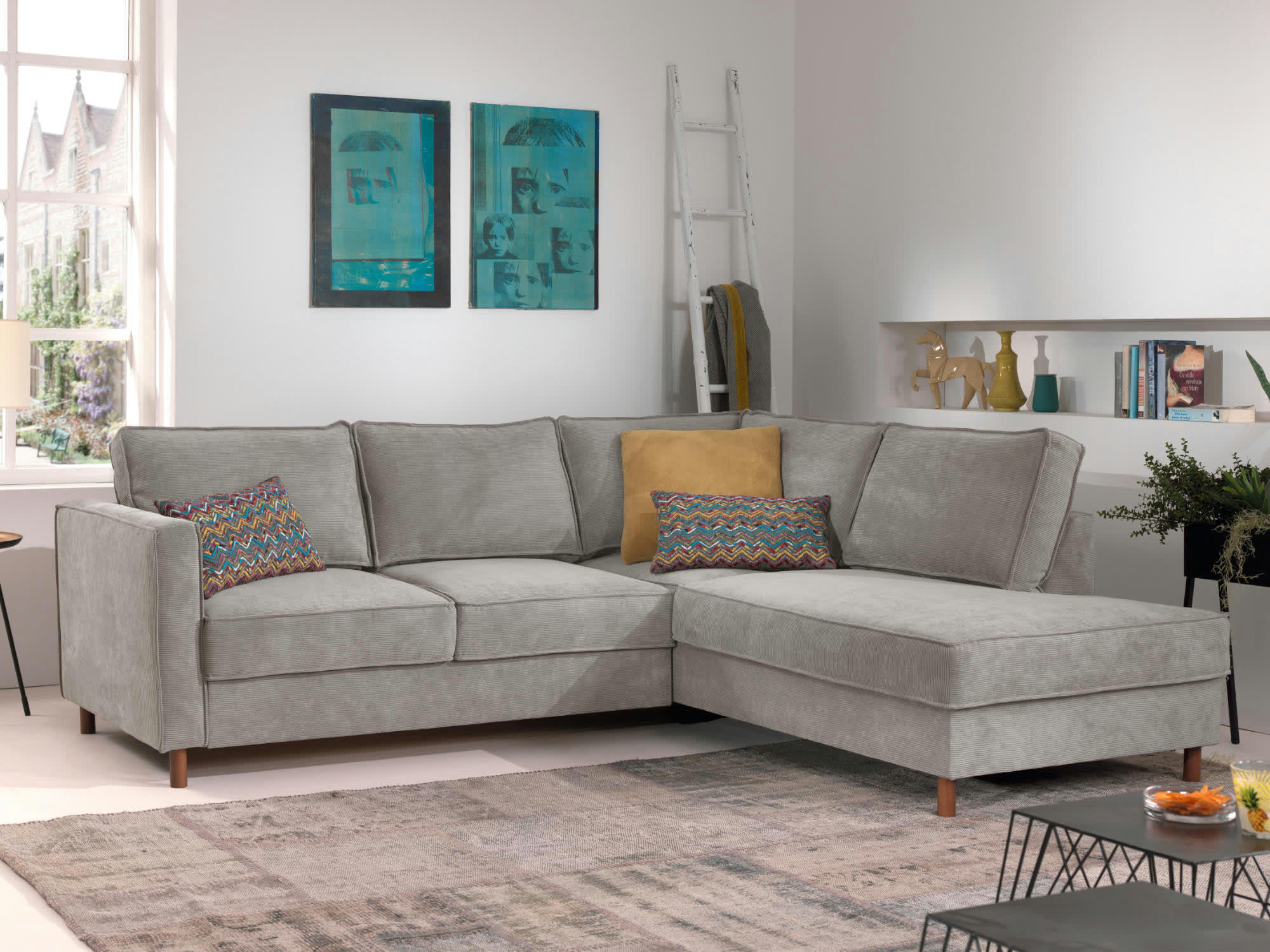 JAKE - Canapé d'angle droit convertible 5 places en velours côtelé gris clair